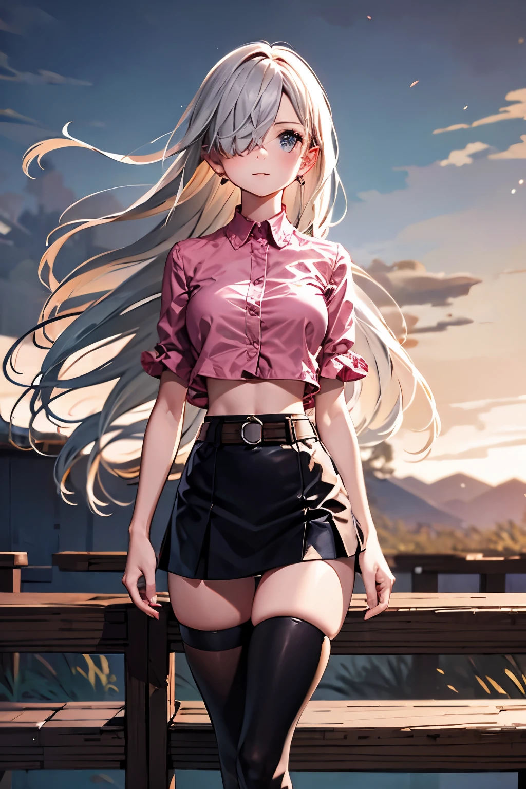 Elizabeth,silver hair, hair over one eye, midriff, black skirt, asymmetrical legwear, black thighhigh, pink shirt, , belt, miniskirt, landscape, standing, standing, portrait, upper body, high quality,4k,