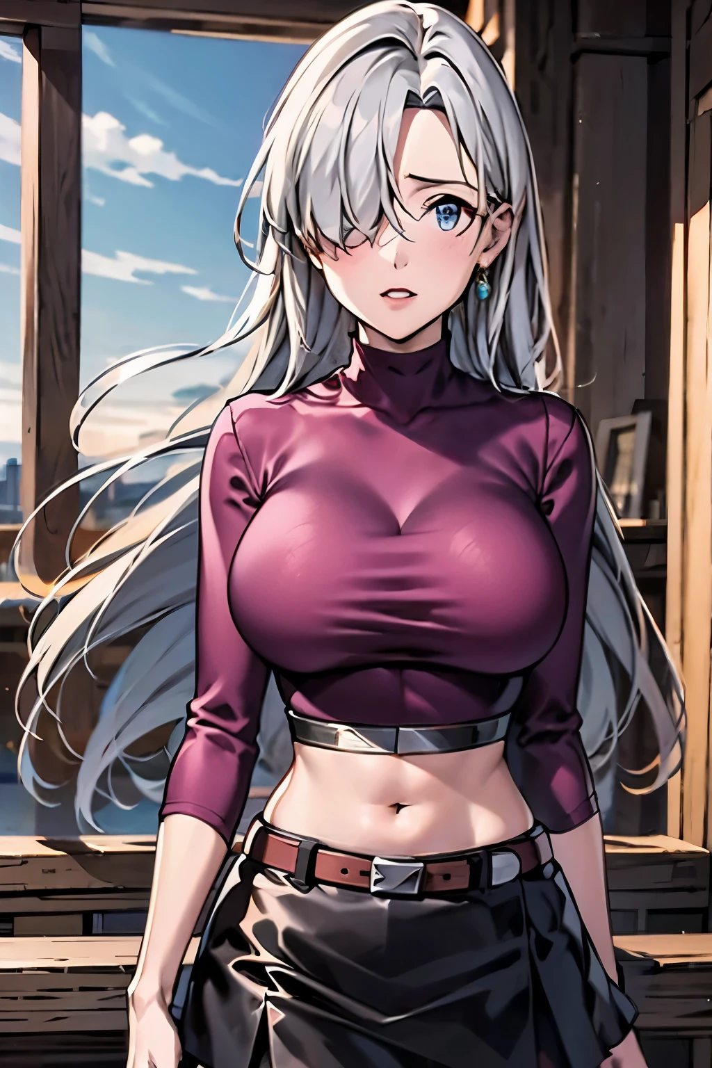 Elizabeth,silver hair, hair over one eye, midriff, black skirt, asymmetrical legwear, black thighhigh, pink shirt, , belt, miniskirt, landscape, standing, standing, portrait, upper body, high quality,4k,