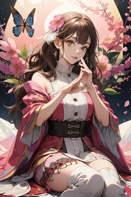 (absurdres, highres, ultra detailed), 1girl, mature female, wavy brown hair, long hair, blunt bangs, green eyes, pink dress, finely detailed eyes and detailed face, extremely detailed CG unity 8k wallpaper, intricate details, BREAK , kaleidoscopic imagery, symmetrical patterns, vibrant colors, geometric shapes, mesmerizing designs, optical illusions, dynamic composition BREAK , pantomime art, expressive body language, silent storytelling, evocative gestures, visual narratives, theatrical performances BREAK , blooming flowers, colorful petals, fragrant scents, nature's bounty, vibrant gardens, peaceful scenery