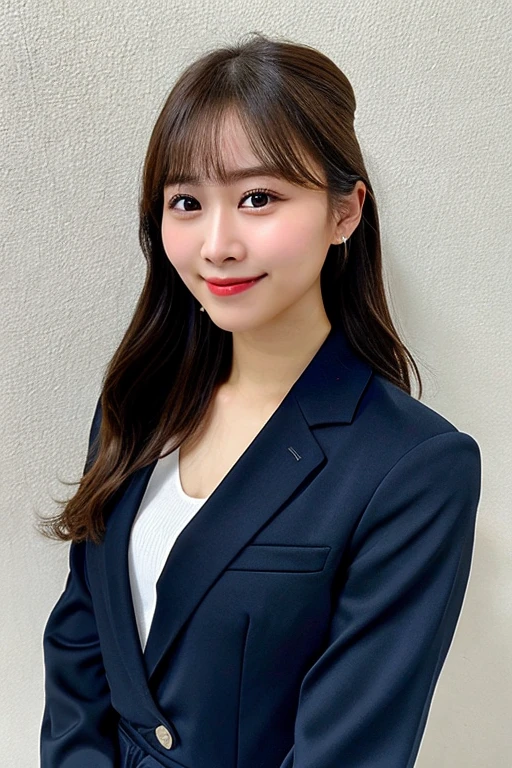 highest quality, shape, Super detailed, finely, High resolution, 8k wallpaper, ((I have a smartphone)), 完璧なダイナミックな構shape, beautiful and detailed eyes, dark blue suit, chignon, half up, small breasts, natural color lip, smile、indoor、20 year old girl、cute、taken from camera'point of view,perfect and beautiful face,blur the background, ((holding a smartphone)),