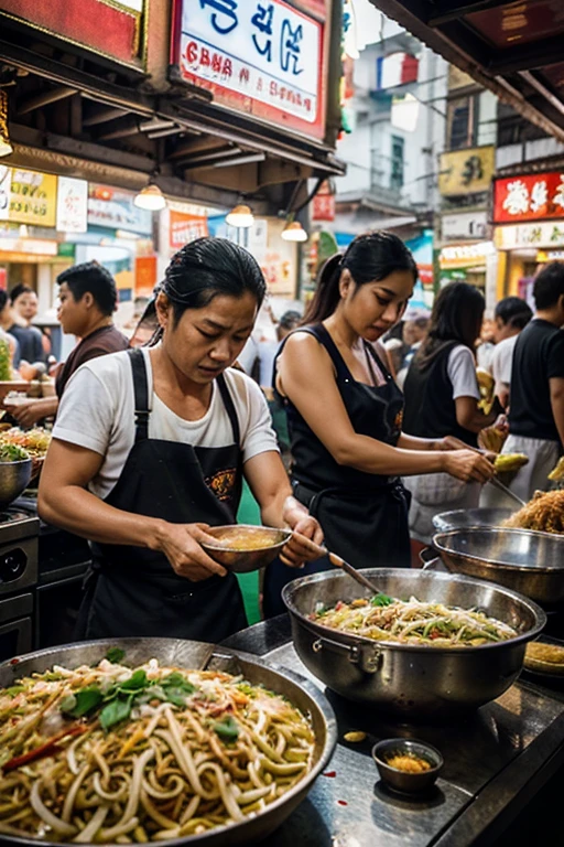 Iconic Thai dishes, a vibrant street food scene with Pad Thai taking center stage, a bustling market atmosphere with skilled chefs wok-tossing noodles, colorful ingredients on display, capturing the essence of Thai street gastronomy, Photography, documentary-style shot with a prime lens (50mm), focusing on the dynamic energy of the street food stall