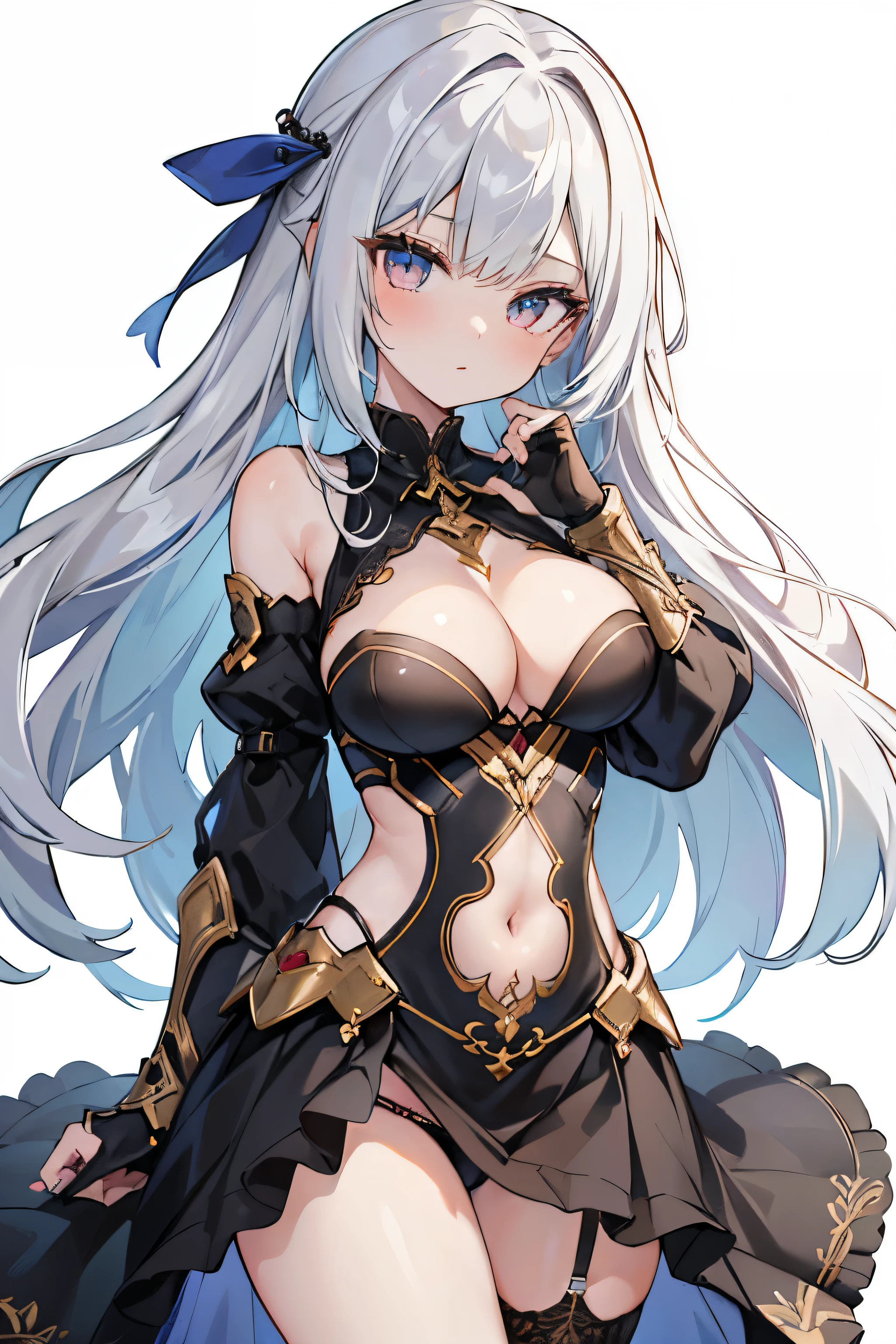 1girl, anime, cute girl, blank background, white background, fantasy, detailed fantasy dress with highlights, beautiful face, beautiful eyes, dark colors, black hair with multicolor streaks, red eye with different color pupil in eye, multicolor eye, medium small breasts (slightly big), slight cleavage, beautiful skin, cute, breast curtains, extremely delicate and beautiful, (beautiful detailed face:1.0), (detailed deep eyes), symmetrical breasts, deep eyes, shiny skin, portrait, slender waist, hips wider than shoulders, thighs, expressionless, young girl, luminous eyes, adorable，（Kpop idol）,（aegyo sal：1），（Platinum blonde hair：1），（（puffy eye）），Black panty，sexy posture，Superskirt, ultra high resolution，Black collar，slim figure, Abdominal y tattoo, womb tattoo，Tight-fitting leg ring，y tattoo on half-body，Bare skin, Armored hand，Hidden fingertips，Hand covered，Arm covered，Fist covered,{{beautiful detailed fingers}}, tufts of hair, moderate beautiful breast:1.0,(masterpiece:1.2), best quality, high-res, HDR, perfect face, intricate armor, delicate blue filigree, intricate filigree, red metalic parts, detailed part, dynamic pose, dynamic lights, cute face