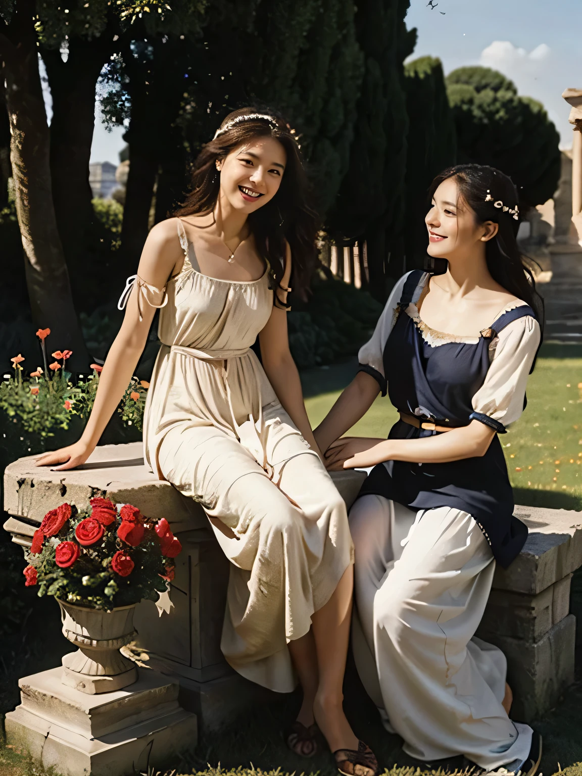full body portrait or statue、Giorgione painting style,Arguments of two female Philosophe,math、astronomical machine、astronaut、roses in vase、fruits、Cute trinkets、smile、ancient greek costume、Ancient Roman landscape in the style of Nicolas Poussin,laughter,,Sweet and seductive appearance.、Caravaggio's paintings、Chiaroscuro of Caravaggio、hair tousled by the wind,Two women frolicking,cute smile, expression of ecstasy,Sexy,erotic
