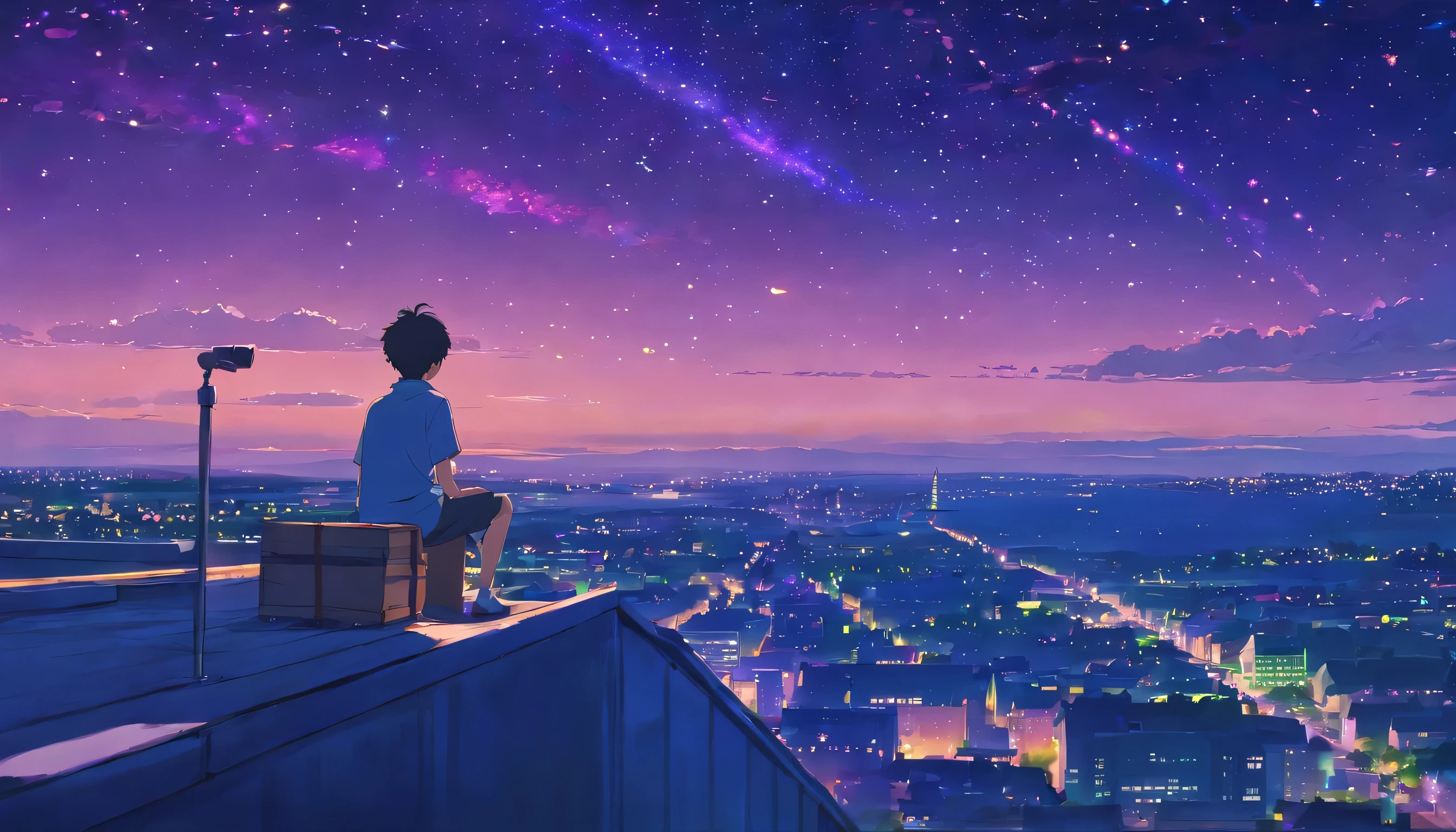 Genrate a masterpiece imagine City landscape below, above dark night sky, [purple, green, blue, pink combined coloured comite falling.] Falling stars, milky way galaxy, a 17 year old boy, black hair, blue shiny eyes, white skin, sitting on his house roof observing this night sky with his telescope from below