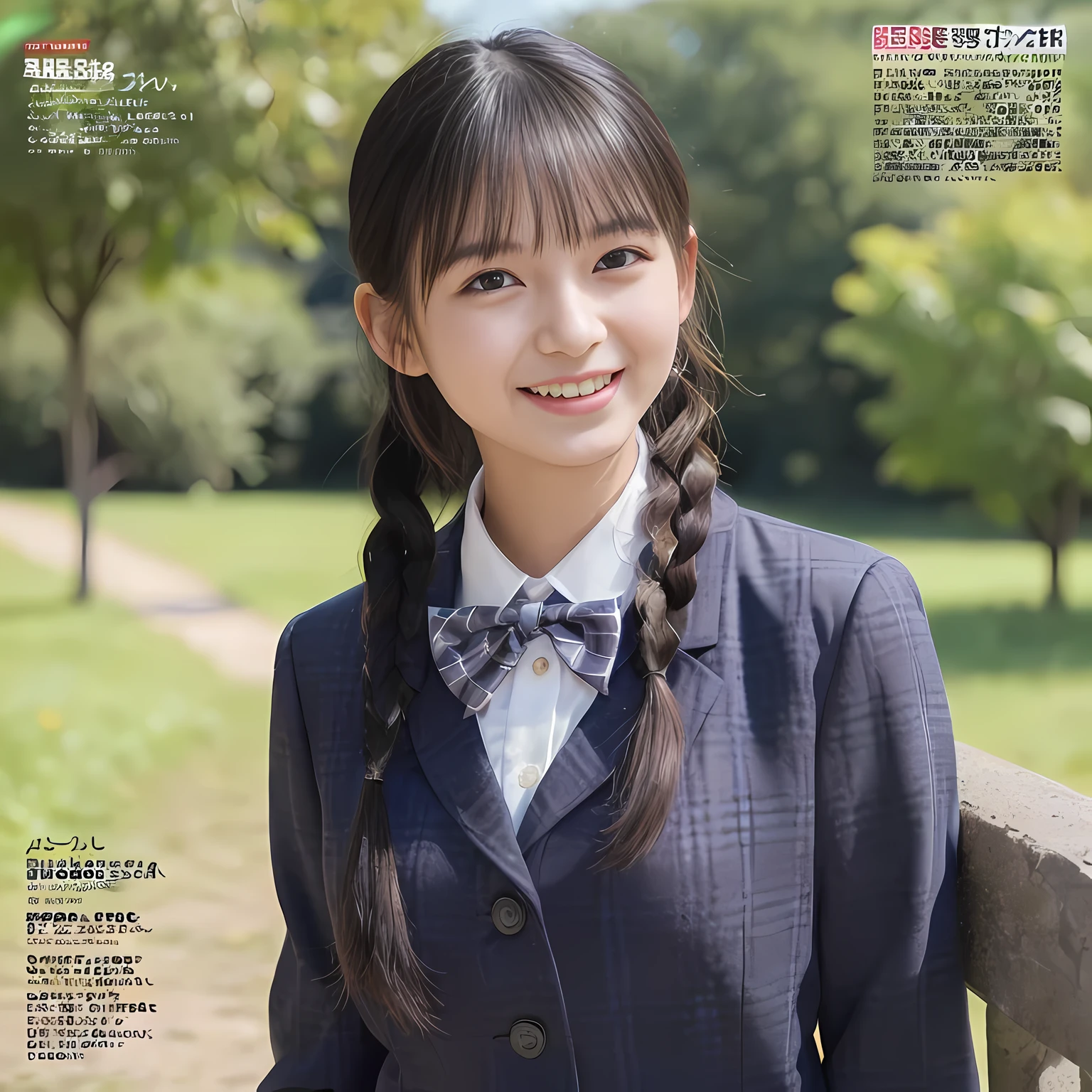 (highest quality、masterpiece:1.2)、highest quality、realistic、photograph、High resolution、1080p、8K、The face is especially pale., physical rendering、((Height: 155cm)), one Japanese girl、((A 15-year-old Japanese junior high school student is sitting)), ((((Beautiful girl fashion model in a Japanese magazine)))), , (((big very detailed beautiful dark brown eyes))), ((blue girly large wine-red glossy polyester Japanese school ribbon bow tie)), (((black beautiful long twin braids hair))), ((((deep blue colored tartan checkered formal long pleated pleated skirt)))), ((A unpatterned formal dark blue blazer in solid that is slightly oversized and has an emblem on the left chest.)), ((((((laughing at me!)))))), mouth is open, The large blazer and skirt are very cute., detailed fingers, Slender body, ((curled bangs)), so beautiful, long eyelashes, ((Very big and very very very cute eyes of a Japanese girl)), ((large pupils)), double eyelids, The entire skirt is photographed, thin eyebrows, ((drooping eyes)), ((long eyelashes)), ((cute lovely lovely laughing laughing cheeks)), ((Pure white light hits her face from above and in the front, making her skin and eyes shine beautifully.)), ((Strong light hits the nose and cheeks、It brings out the richness of the expression.)), (((((Her face is expressive, pure and very intelligent.))))), (((shot from behind)))