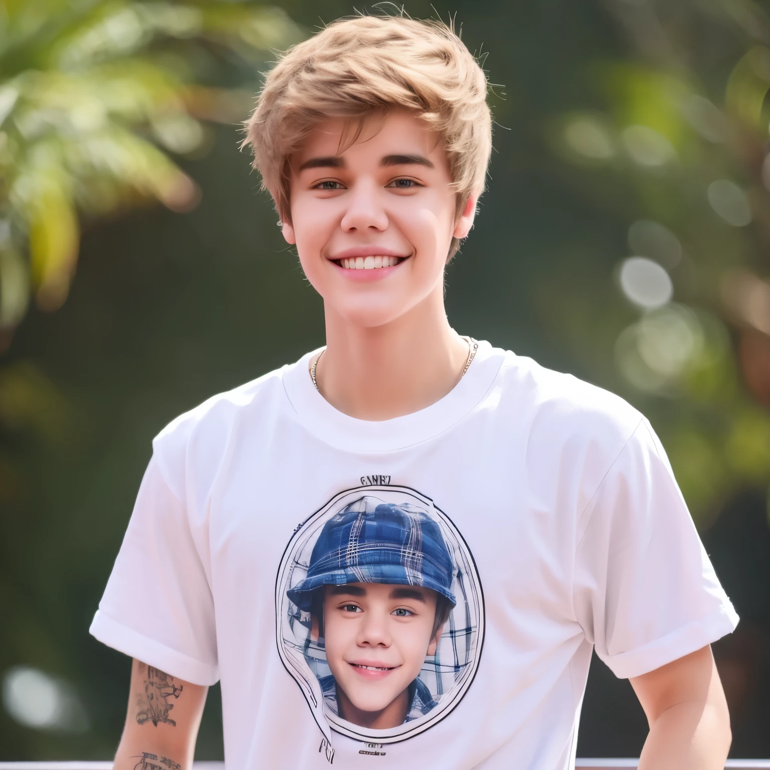 Justin Bieber, de camisa branca, sorrindo