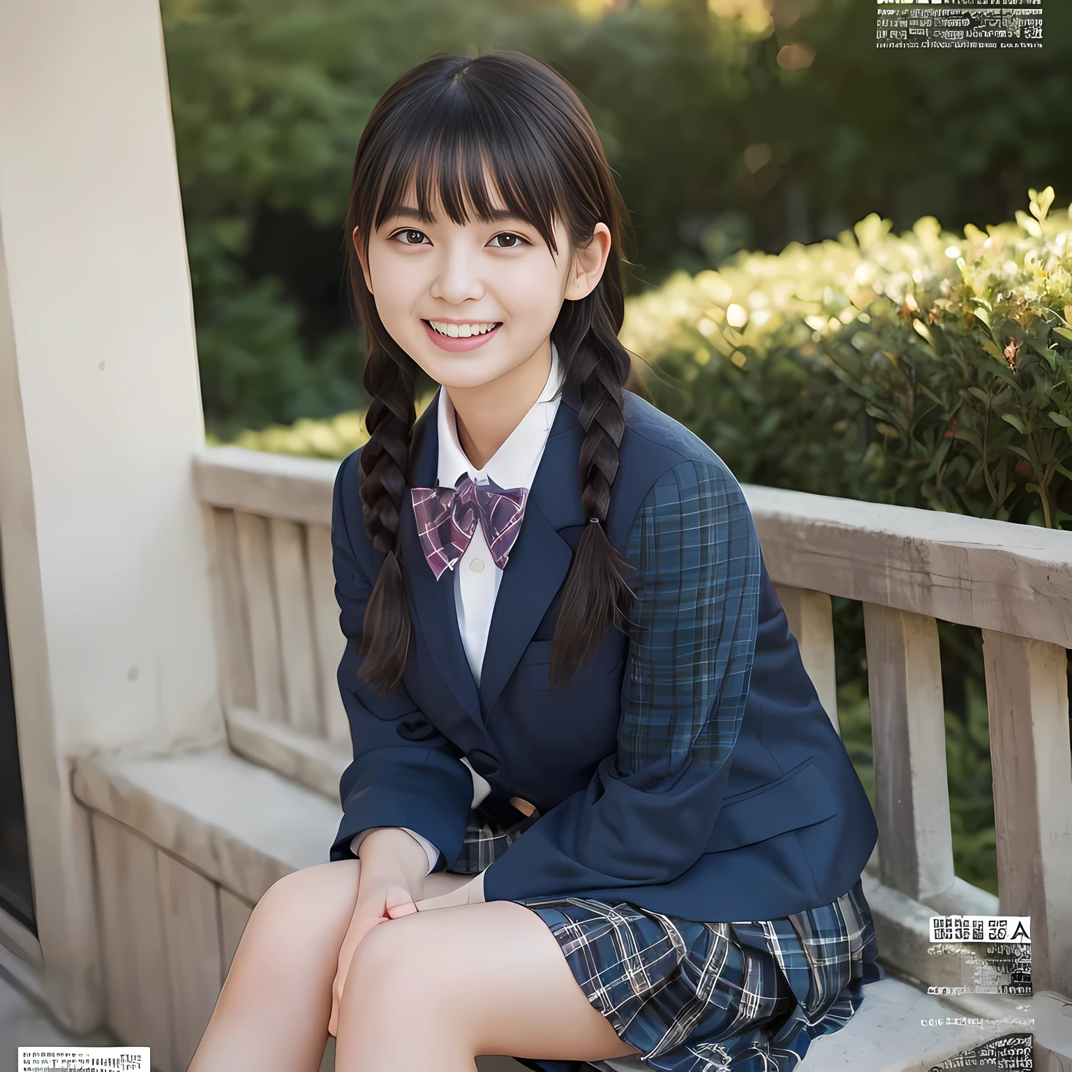 (highest quality、masterpiece:1.2)、highest quality、realistic、photograph、High resolution、1080p、8K、The face is especially pale., physical rendering、((Height: 155cm)), one Japanese girl、((A 15-year-old Japanese junior high school student is sitting)), ((((Beautiful girl fashion model in a Japanese magazine)))), , (((big very detailed beautiful dark brown eyes))), ((blue girly large wine-red glossy polyester Japanese school ribbon bow tie)), (((black beautiful long twin braids hair))), ((((deep blue colored tartan checkered formal long pleated pleated skirt)))), ((A unpatterned formal dark blue blazer in solid that is slightly oversized and has an emblem on the left chest.)), ((((((laughing at me!)))))), mouth is open, The large blazer and skirt are very cute., detailed fingers, Slender body, ((curled bangs)), so beautiful, long eyelashes, ((Very big and very very very cute eyes of a Japanese girl)), ((large pupils)), double eyelids, The entire skirt is photographed, thin eyebrows, ((drooping eyes)), ((long eyelashes)), ((cute lovely lovely laughing laughing cheeks)), ((Pure white light hits her face from above and in the front, making her skin and eyes shine beautifully.)), ((Strong light hits the nose and cheeks、It brings out the richness of the expression.)), (((((Her face is expressive, pure and very intelligent.))))), (((shot from behind)))