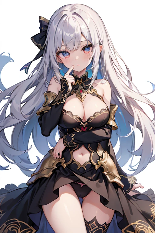 1girl, anime, cute girl, blank background, white background, fantasy, detailed fantasy dress with highlights, beautiful face, beautiful eyes, dark colors, black hair with multicolor streaks, red eye with different color pupil in eye, multicolor eye, medium small breasts (slightly big), slight cleavage, beautiful skin, cute, breast curtains, extremely delicate and beautiful, (beautiful detailed face:1.0), (detailed deep eyes), symmetrical breasts, deep eyes, shiny skin, portrait, slender waist, hips wider than shoulders, thighs, expressionless, young girl, luminous eyes, adorable，（Kpop idol）,（aegyo sal：1），（Platinum blonde hair：1），（（puffy eye）），Black panty，sexy posture，Superskirt, ultra high resolution，Black collar，slim figure, Abdominal y tattoo, womb tattoo，Tight-fitting leg ring，y tattoo on half-body，Bare skin, Armored hand，Hidden fingertips，Hand covered，Arm covered，Fist covered,{{beautiful detailed fingers}}, tufts of hair, moderate beautiful breast:1.0,(masterpiece:1.2), best quality, high-res, HDR, perfect face, intricate armor, delicate blue filigree, intricate filigree, red metalic parts, detailed part, dynamic pose, dynamic lights, cute face