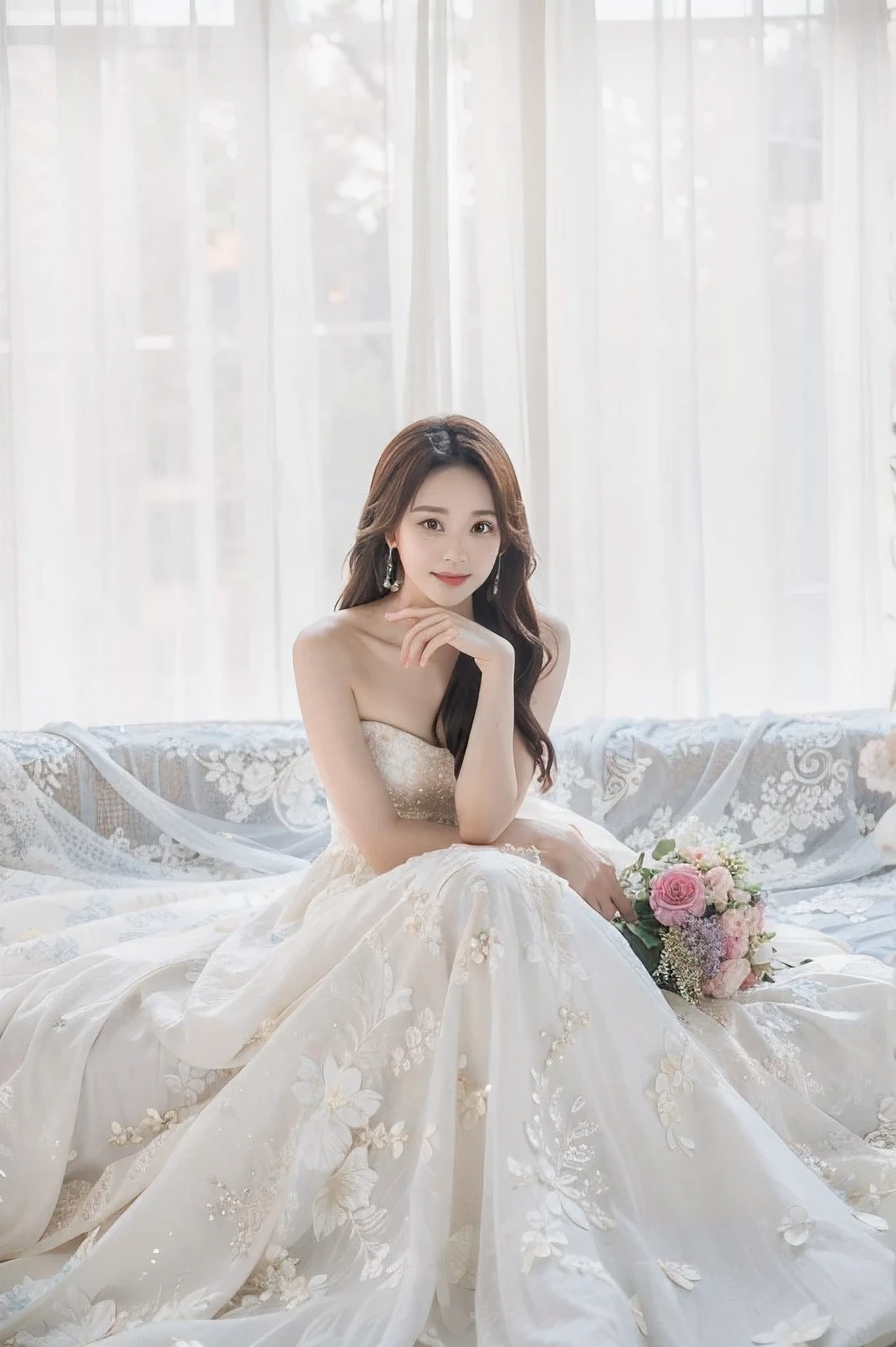 4K, Highest Quality, professional photography, woman in a wedding dress sitting on a bed with a bouquet, jinyoung shin, jaeyeon nam, lee ji-eun, lee ji - eun, park ji-min, hwang se - on, heonhwa choe, korean artist, seseon yoon, taejune kim, cute korean actress, dilraba dilmurat, kim hyun joo