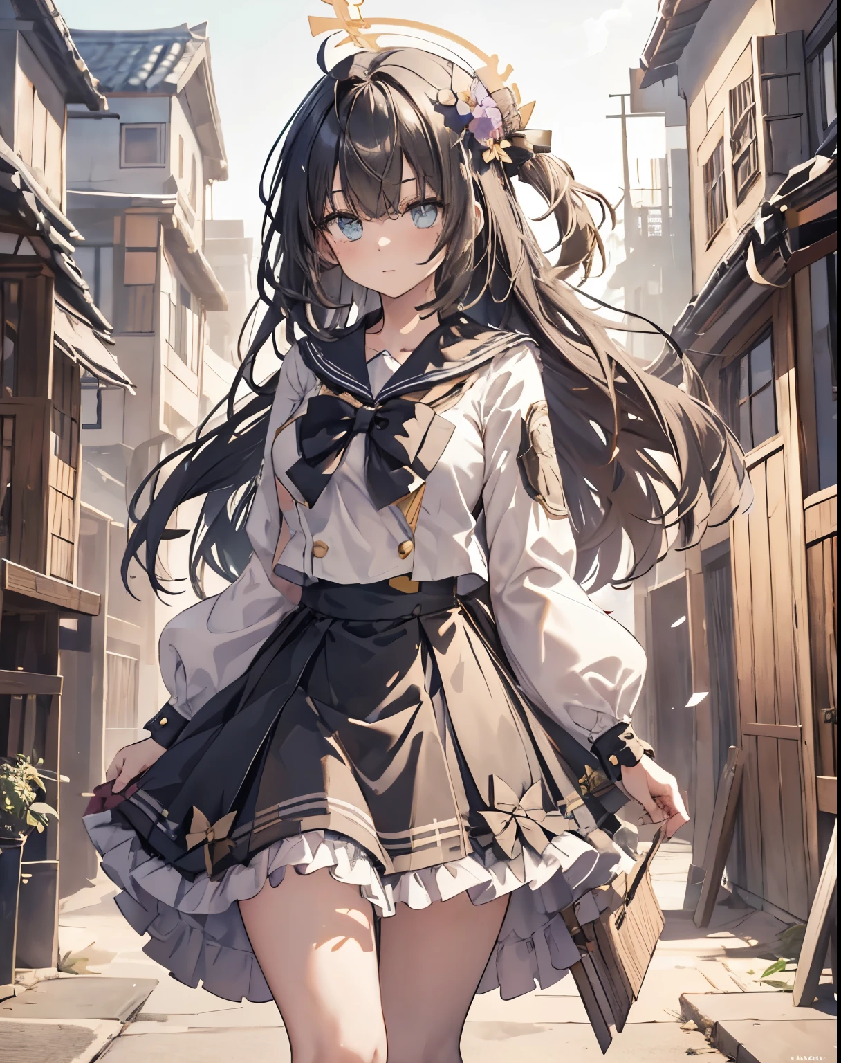 masterpiece, 1girl, sparrow, a black haired girl, wearing a sailor clothes, curly long hair, messy hair, slim body, he close her left eye, shirt ornament, aqua eyes, ahoge, baby face, huge breast, beautiful breasts, rounded breasts, long sleeves, beautiful eyes, white stocking, droopy eyes, skirt, black skirt, plaid skirt, her age is 19 years old, japanese rice fiel, bowtie, sailor collar, flared skirt, tight shirt, skirt, azusadress, 