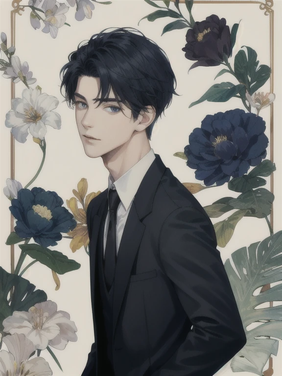 masterpiece, highest quality,1 male, focus of the eye,,beautiful eyes,looking at the viewer, No expression, Suit color,,navy,hair color,,black