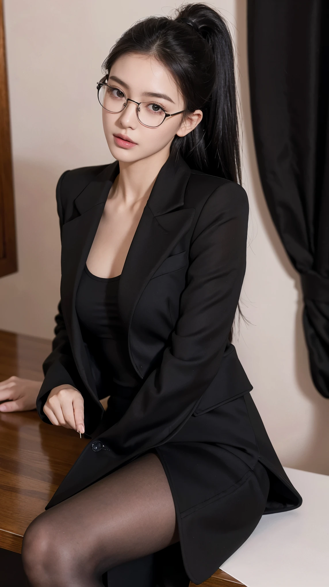 ((best quality)), ((masterpiece)), (detailed), (photorealistic:1.4), best quality, masterpiece, ultra high res, 1girl, (detailed face:1.2), (detailed eyes:1.2), (detailed hair:1.2), (detailed clothes:1.2), 4k, (detailed color:1.2), perfect face, beautiful body, pretty face, teenager female, perfect body, Ultra-high detail, Photorealism, Intimate atmosphere, flowing light, black straight hair, ponytail, glasses, wear a black coat, ????? coat, braless, black skirt, unbuttoned coat, sit on the table, office room, facing at viewer