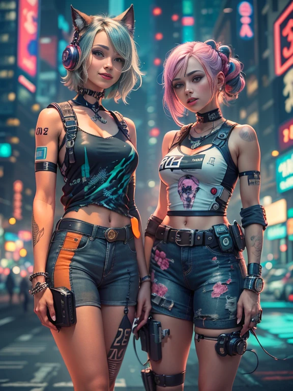 masterpiece, best quality, 2 ((Smile)) Cyberpunk girls standing together, Harajuku style cyberpunk body strap, bold colors and patterns, eye-catching accessories, Stylish and innovative hairstyles, Dazzling cyberpunk cityscapes, skyscrapers, glowing neon sign, LED light, anime illustration, Delicate skin texture, Detailed cloth texture, Beautiful and delicate face, intricate details, Super detailed, movie lighting, strong contrast.