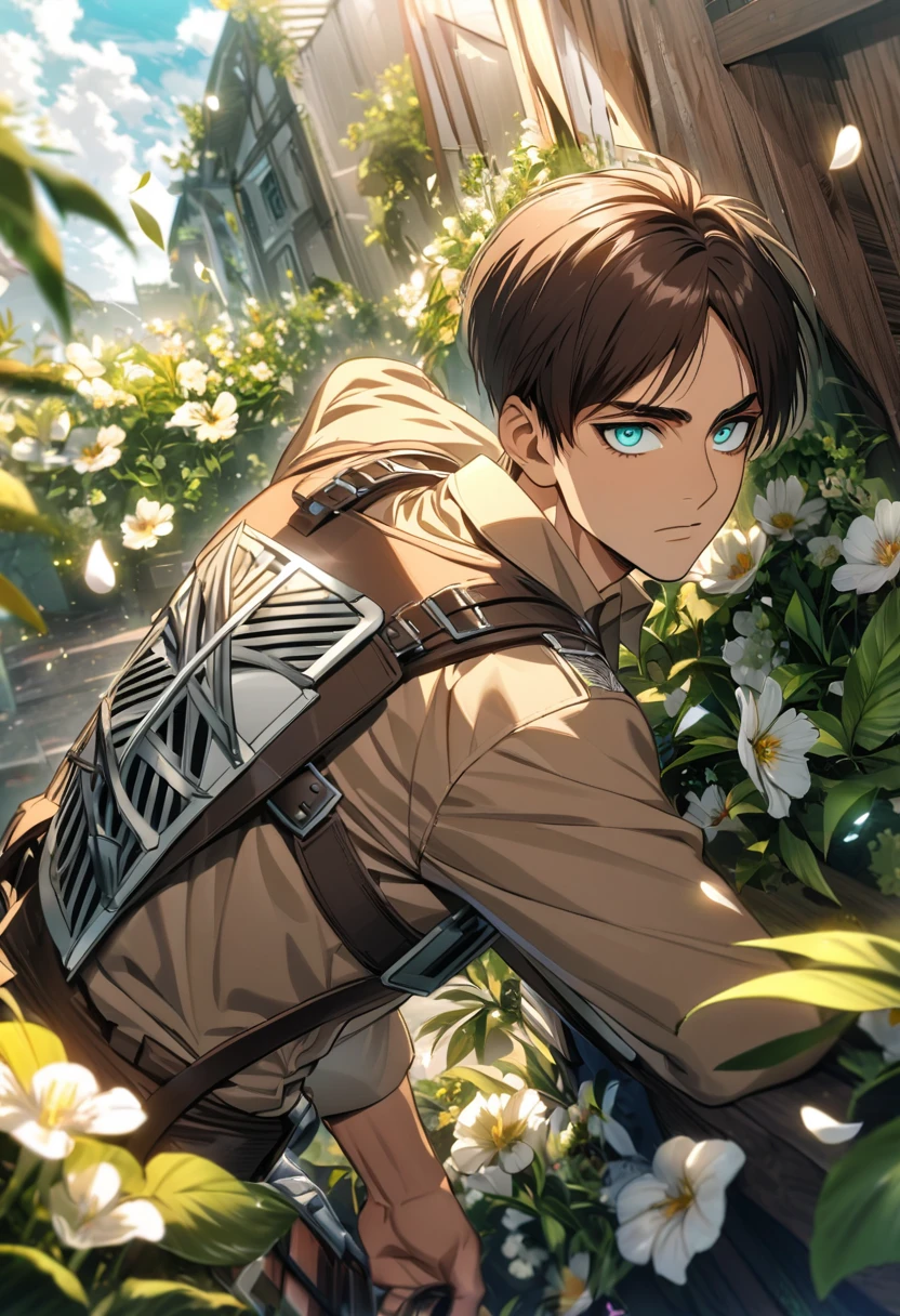 Ultra detailed, Highres, absurdres, HDR, Eren Jeager, brown hair, turquoise eyes, Shingeki No Kyojin, extremely handsome, 1 man only, green leaves, flowers and petals, summer