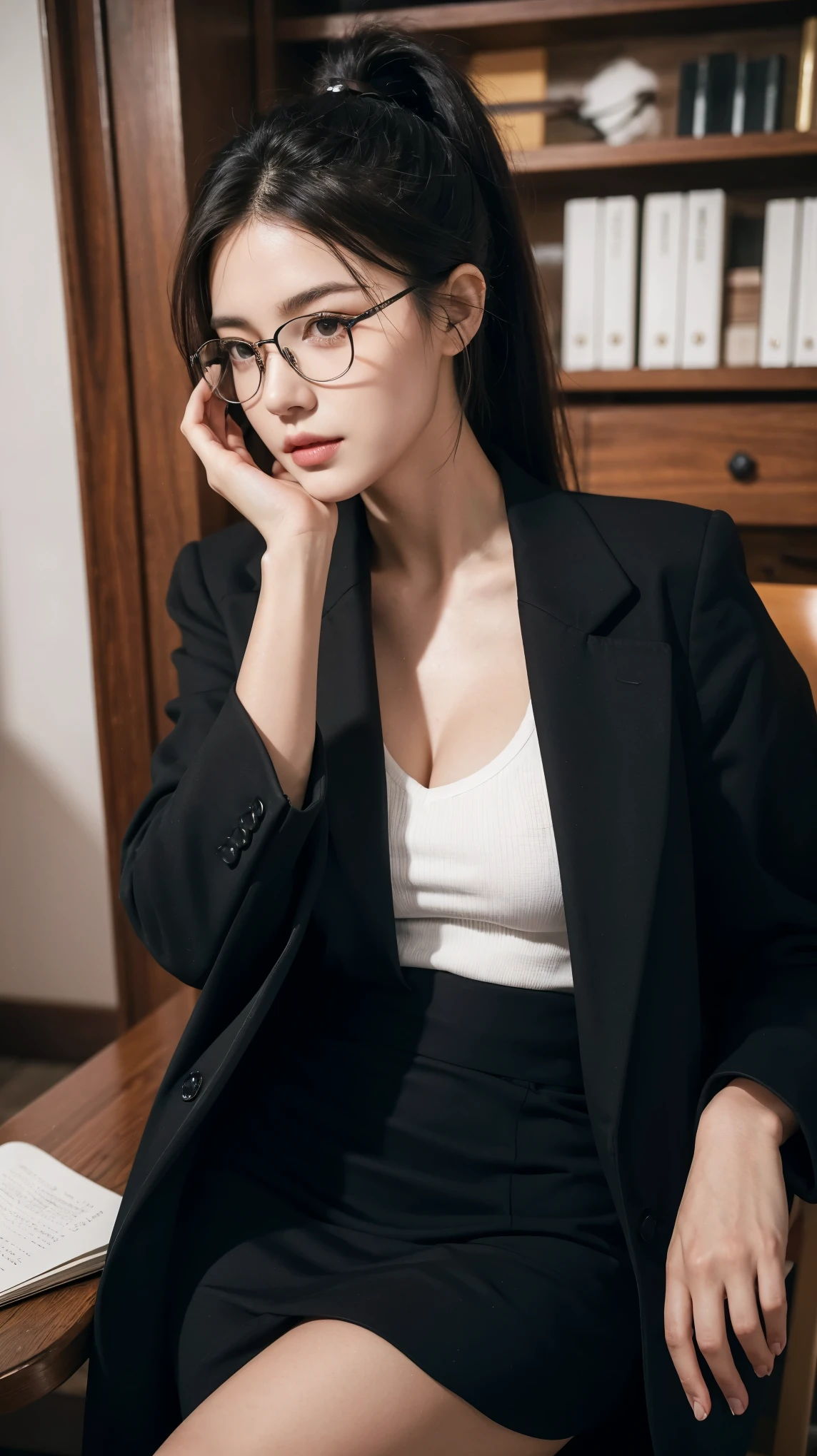 ((best quality)), ((masterpiece)), (detailed), (photorealistic:1.4), best quality, masterpiece, ultra high res, 1girl, (detailed face:1.2), (detailed eyes:1.2), (detailed hair:1.2), (detailed clothes:1.2), 4k, (detailed color:1.2), perfect face, beautiful body, pretty face, ager female, perfect body, Ultra-high detail, Photorealism, Intimate atmosphere, flowing light, black straight hair, ponytail, glasses, wear a black coat, naked coat, braless, black skirt, unbuttoned coat, sit on the table, office room, facing at viewer