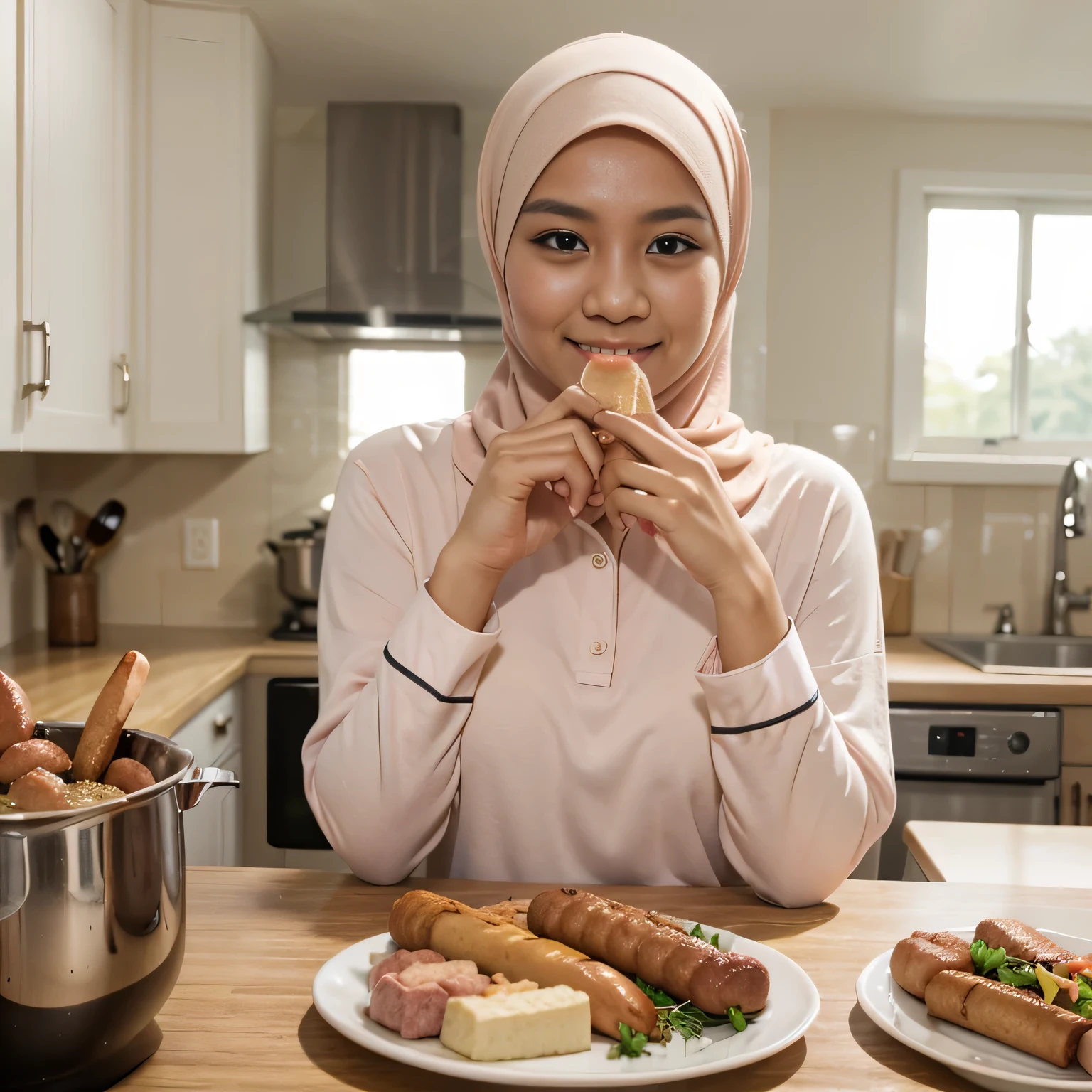 A young malay girl in hijab wearing pyjamas grabbing sausages near her face, eyes looking at the sausages, mouth open, horny face, 20 - 23 years old, beautiful girl with beautiful perfect body, location: kitchen, professional photography, bright lighting, Establishing shot, deep focus cinematography effect, Natural Lighting, pastel color grading, high quality, ultra detail, 8k resolution, closeup portrait