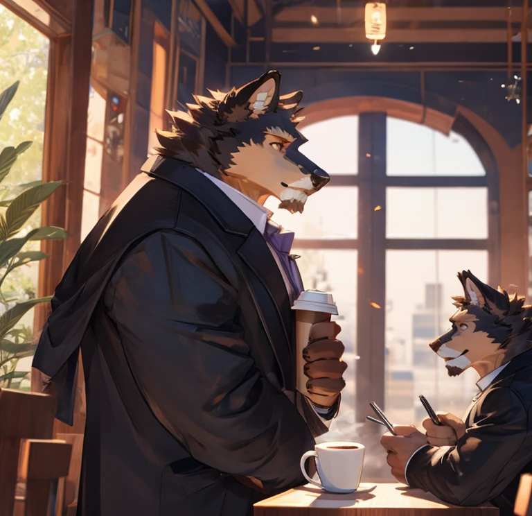 It's just a normal day drink coffee in a coffee shop , black coat, purple shirt, look out window, (best quality), (ultra detailed), a big adult, chill face, cool pose, long snout, tall, full height