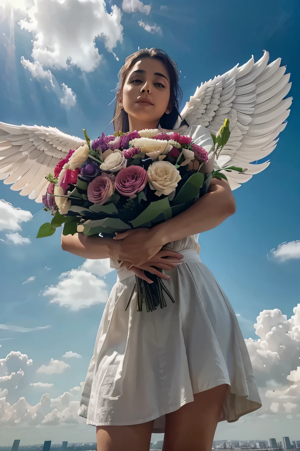 clouds in form of an angel, holding a huge bouquet of flowers, FRONT VIEW, LOOKING DOWN, low angel view, 4k