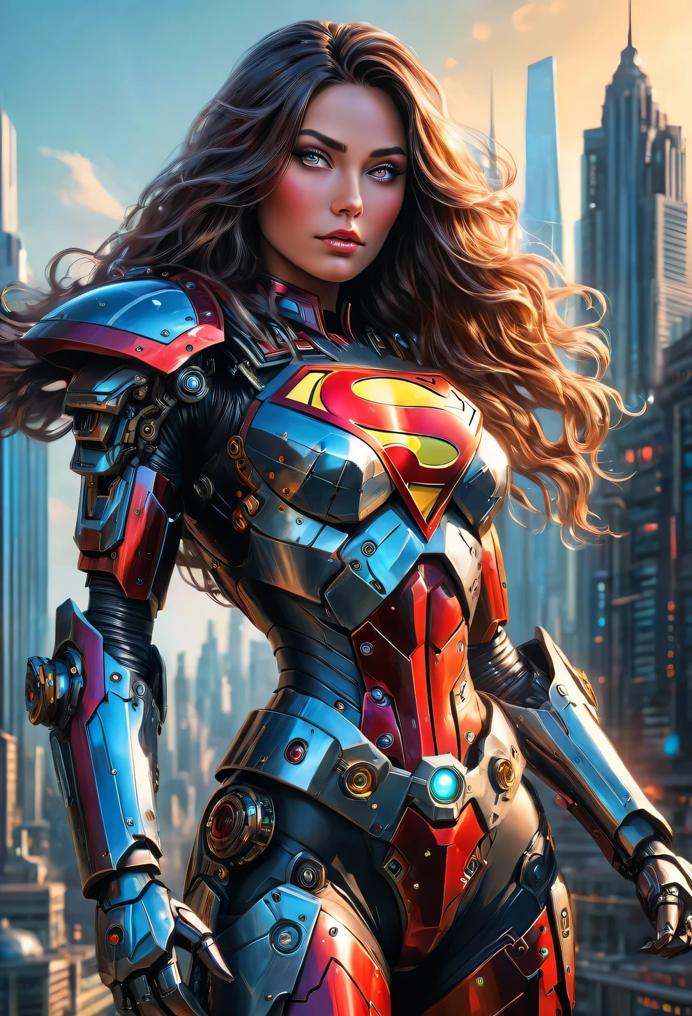 "(best quality, highres), ultra-detailed, realistic, vivid colors, professional, sci-fi, portraits, Mecha superwoman, sexy pose, detailed face and body, shiny metallic armor, glowing eyes, long flowing hair, dynamic lighting, intense shadows, futuristic cityscape background, powerful stance, dramatic perspective, mechanical details, intricate design, strong and confident expression, digital illustration style, vibrant color scheme"