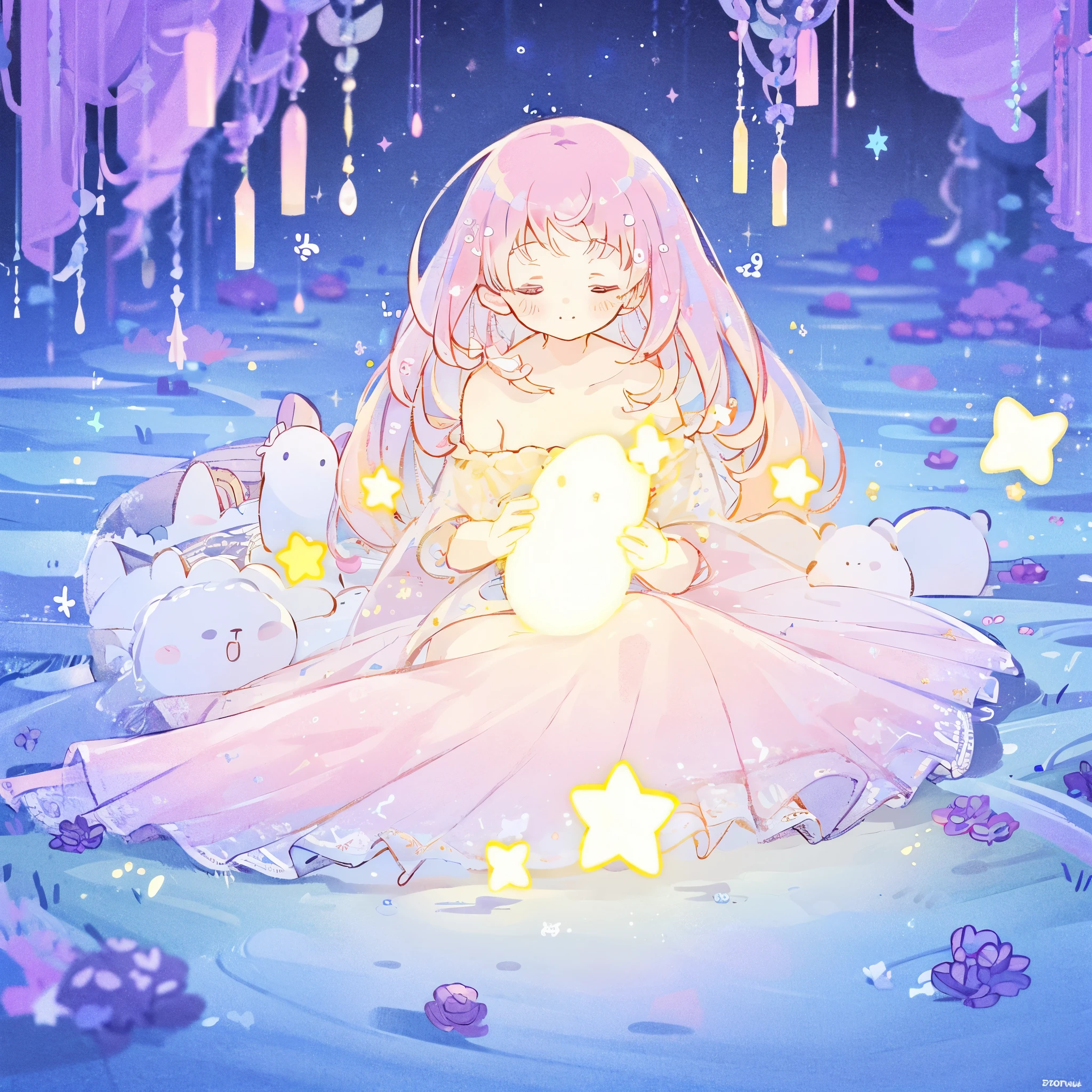 (masterpiece 1:4, best quality), vibrant colors, complex background, wishing star background, a woman wearing an ethereal mystical pink translucent dress that reflects the stars, perfume promo art, mystic, complex drawing, highly detailed, Covergirl brand, promo art, artistic rendition, ethereal, starry night, midjourney style