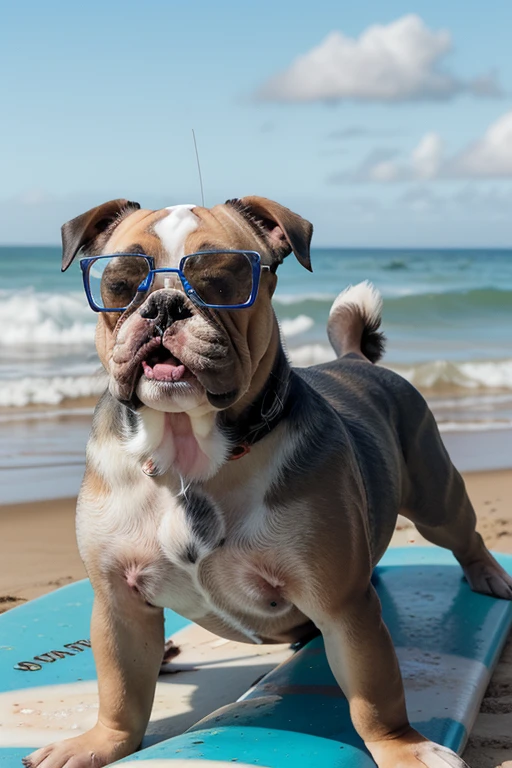 Cachorro Bulldog feliz, com boca aberta e lingua pra fora, usando oculos redondos amarelo, surfando no tubo de uma onda, prancha de surf azul, clear and sunny sky