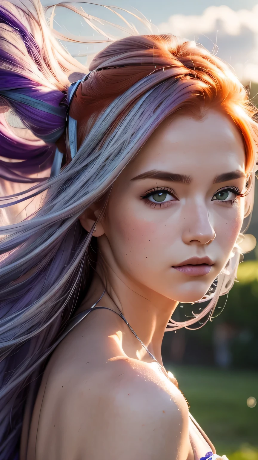 1.5),(1 girl),(dynamic pose),(multicoloredhead+silver hair:1.3+redhead:1.2+purple hair+yellow hair:1.3+green hair:1.3),(blue eyes),(neck ribbon),(floating),(cloud),(Too many droplets of water),(twilight),(watercolor),(wide shot),masterpiece, 最high quality, high quality, High resolution, close up of face､