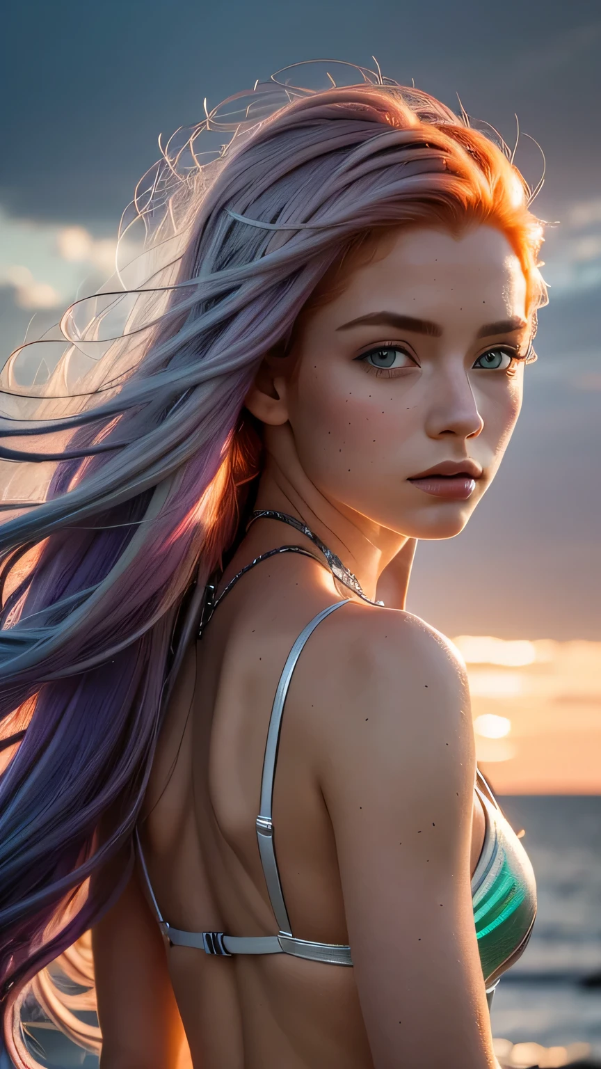 1.5),(1 girl),(dynamic pose),(multicoloredhead+silver hair:1.3+redhead:1.2+purple hair+yellow hair:1.3+green hair:1.3),(blue eyes),(neck ribbon),(floating),(cloud),(Too many droplets of water),(twilight),(watercolor),(wide shot),masterpiece, 最high quality, high quality, High resolution,