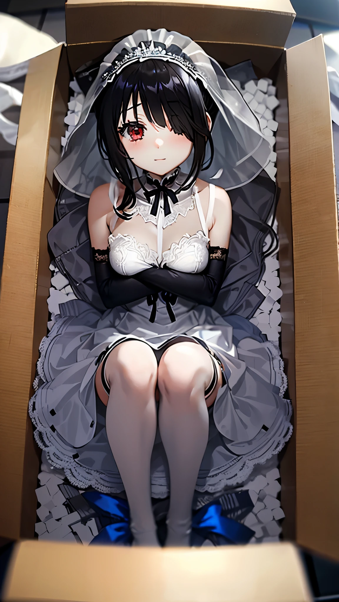 KurumiWedding, hair over one eye, bridal veil, wedding dress, elbow gloves, insidebox, boxrelaxed, in box, in container, box filled with packing peanuts