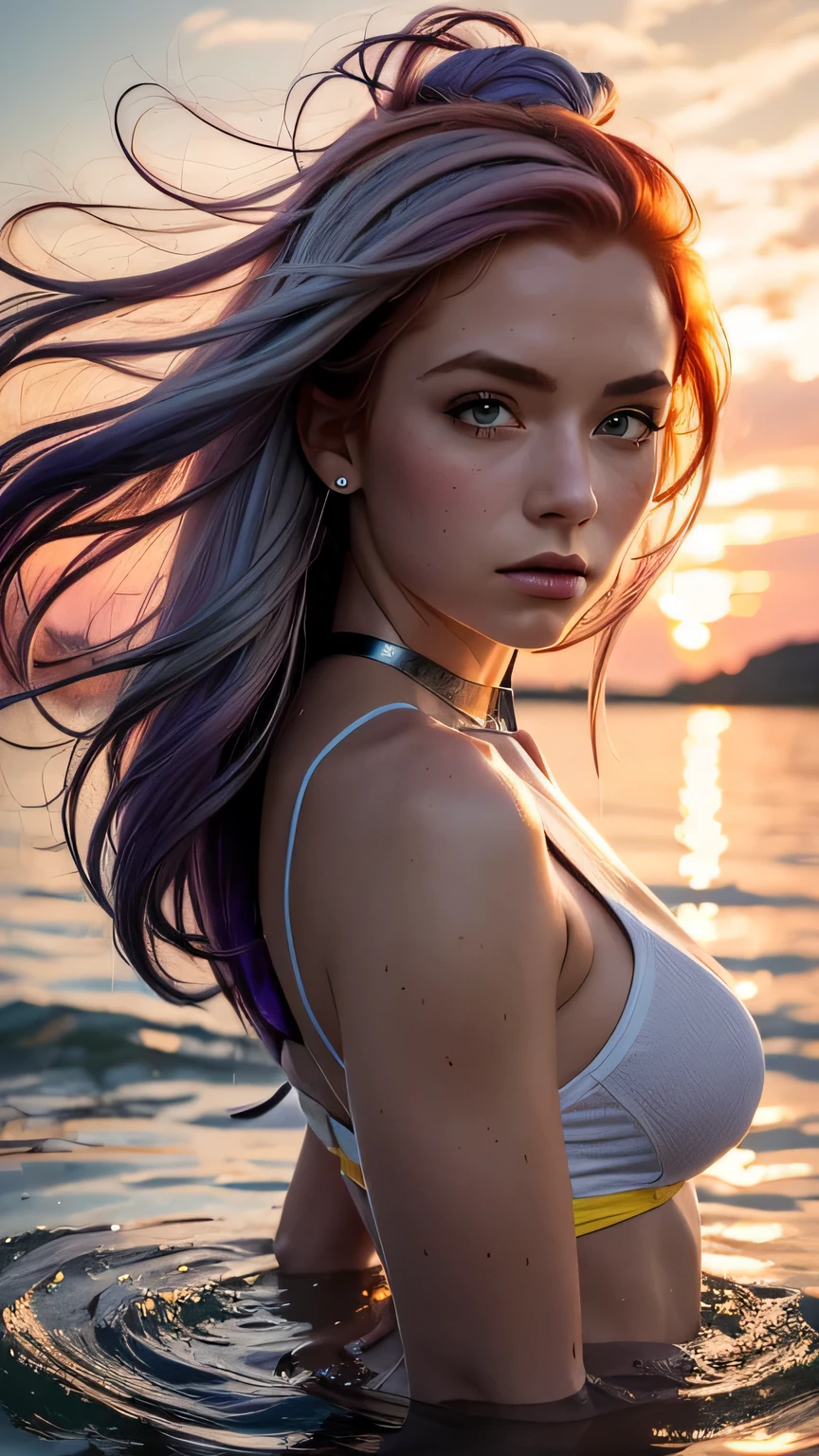 1.5),(1 girl),(dynamic pose),(multicoloredhead+silver hair:1.3+redhead:1.2+purple hair+yellow hair:1.3+green hair:1.3),(blue eyes),(neck ribbon),(floating),(cloud),(Too many droplets of water),(twilight),(watercolor),(wide shot),masterpiece, 最high quality, high quality, High resolution,