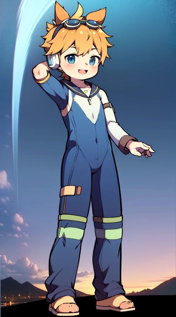 2D Boy Shota,One-piece mountaineering suit,Slim, healthy body,Put the headphones on your head,stand up,goggles,Rabbit ears,happy,sailor collar