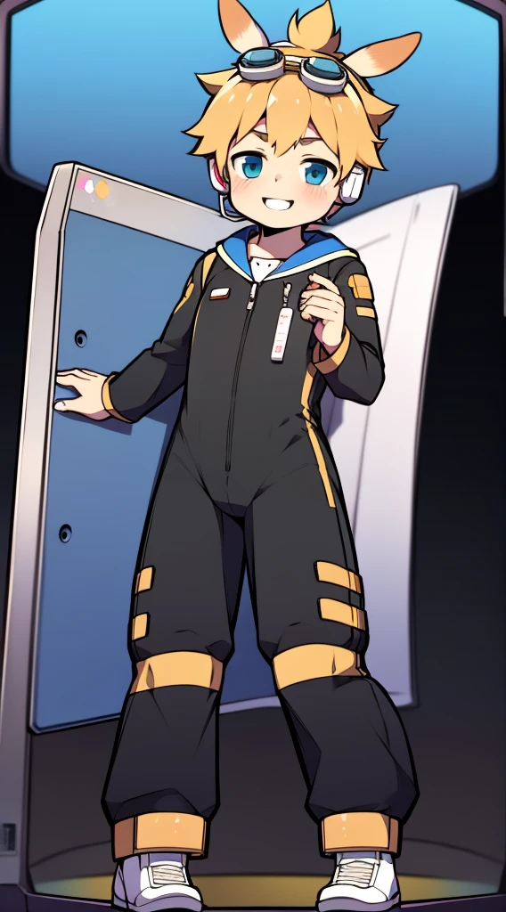 2D Boy Shota,One-piece mountaineering suit,Slim, healthy body,Put the headphones on your head,stand up,goggles,Rabbit ears,happy,sailor collar