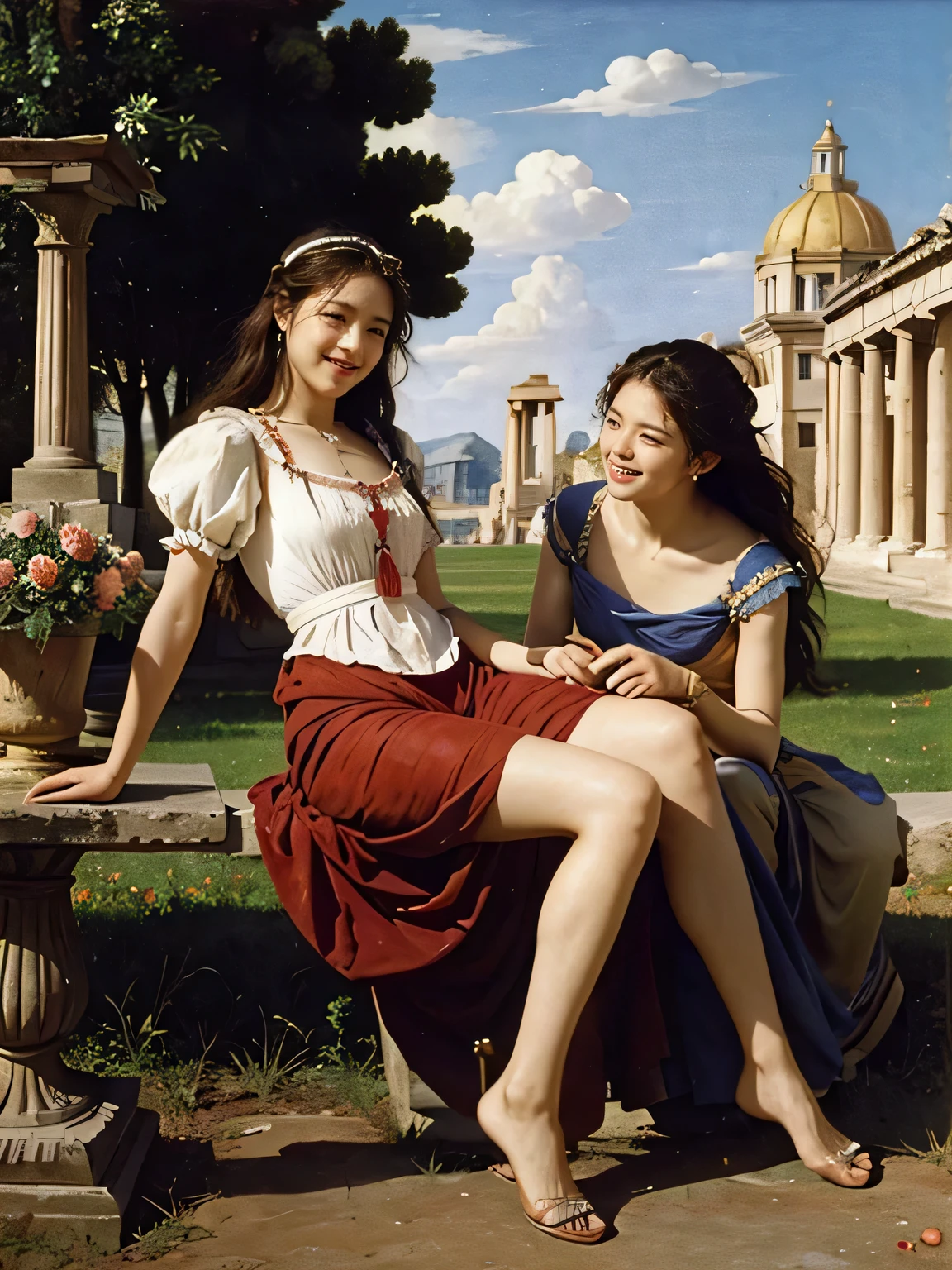 full body portrait or statue、Giorgione painting style,Arguments of two female Philosophe,math、astronomical machine、astronaut、roses in vase、fruits、Cute trinkets、smile、ancient greek costume、Ancient Roman landscape in the style of Nicolas Poussin,laughter,,Sweet and seductive appearance.、Caravaggio's paintings、Chiaroscuro of Caravaggio、hair tousled by the wind,Two women frolicking,cute smile, expression of ecstasy,Sexy,erotic