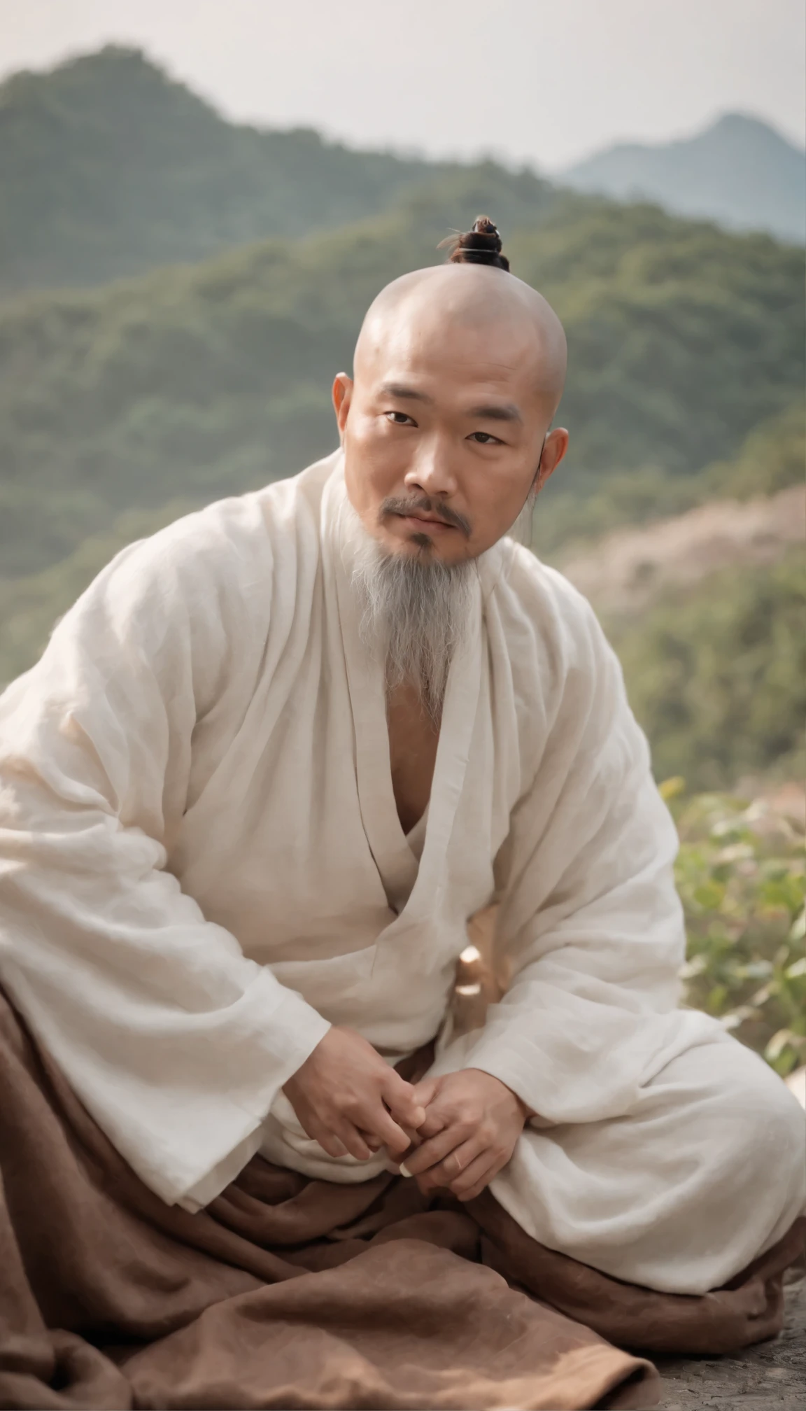 Close de um homem de meia idade com barba longa e barba branca, taoist, totalmente careca, roupa branca e laranja,inspirado em Wu Daozi, Retrato de monge, taoist master, foto de retrato de um velho, Inspirado por Hu Zaobin, inspirado em Hu Zao, Barba branca longa, inspirado em Li Cheng,high-definition picture quality