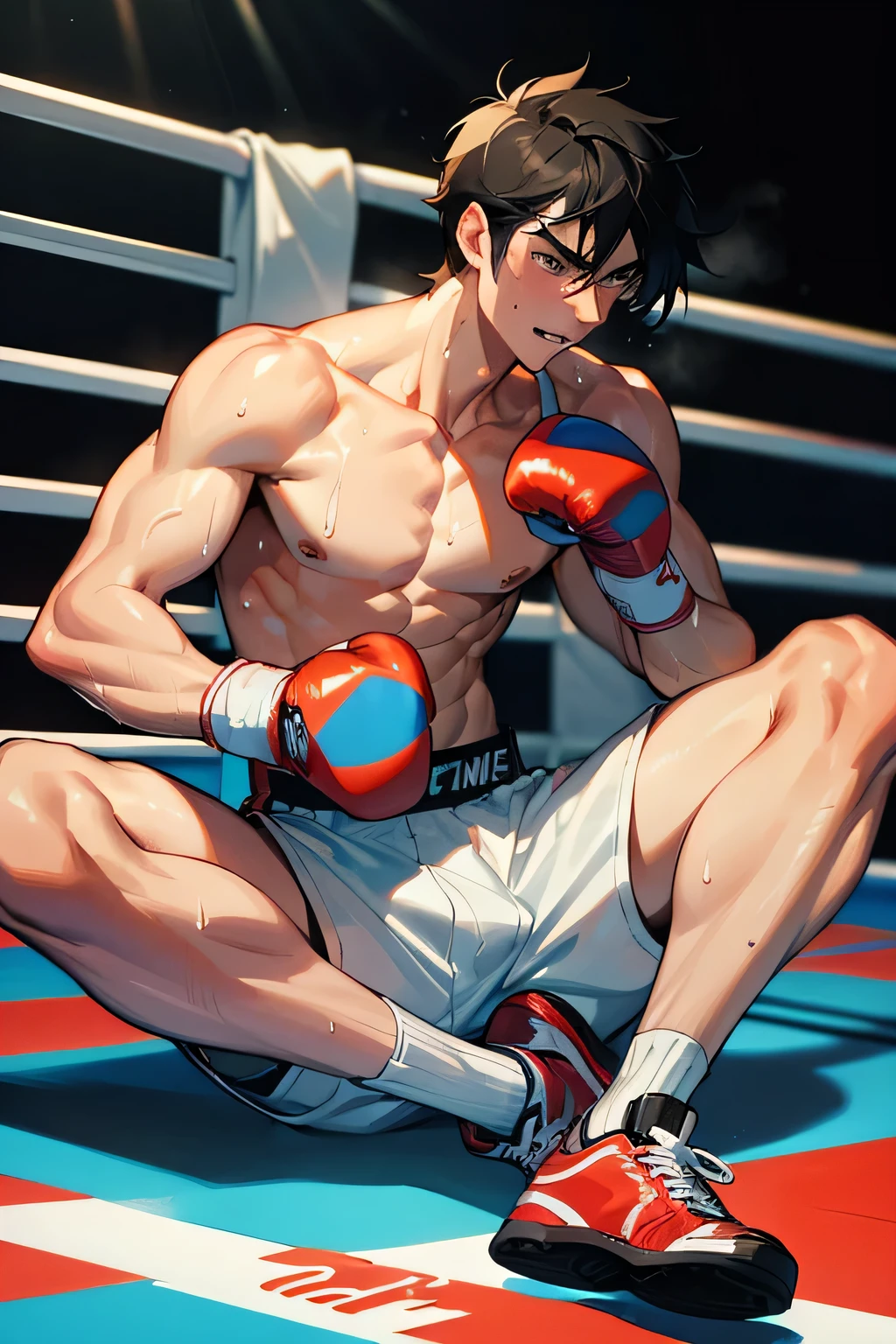 shirtless, super muscular, sweat-drenched body, 22-year old short black hair handsome caucasian male wearing boxing gloves, sweat-drenched white boxing shorts and boxing shoes, panting, sitting on the floor in the corner of the ring, very tired, dripping with sweat, in the boxing ring