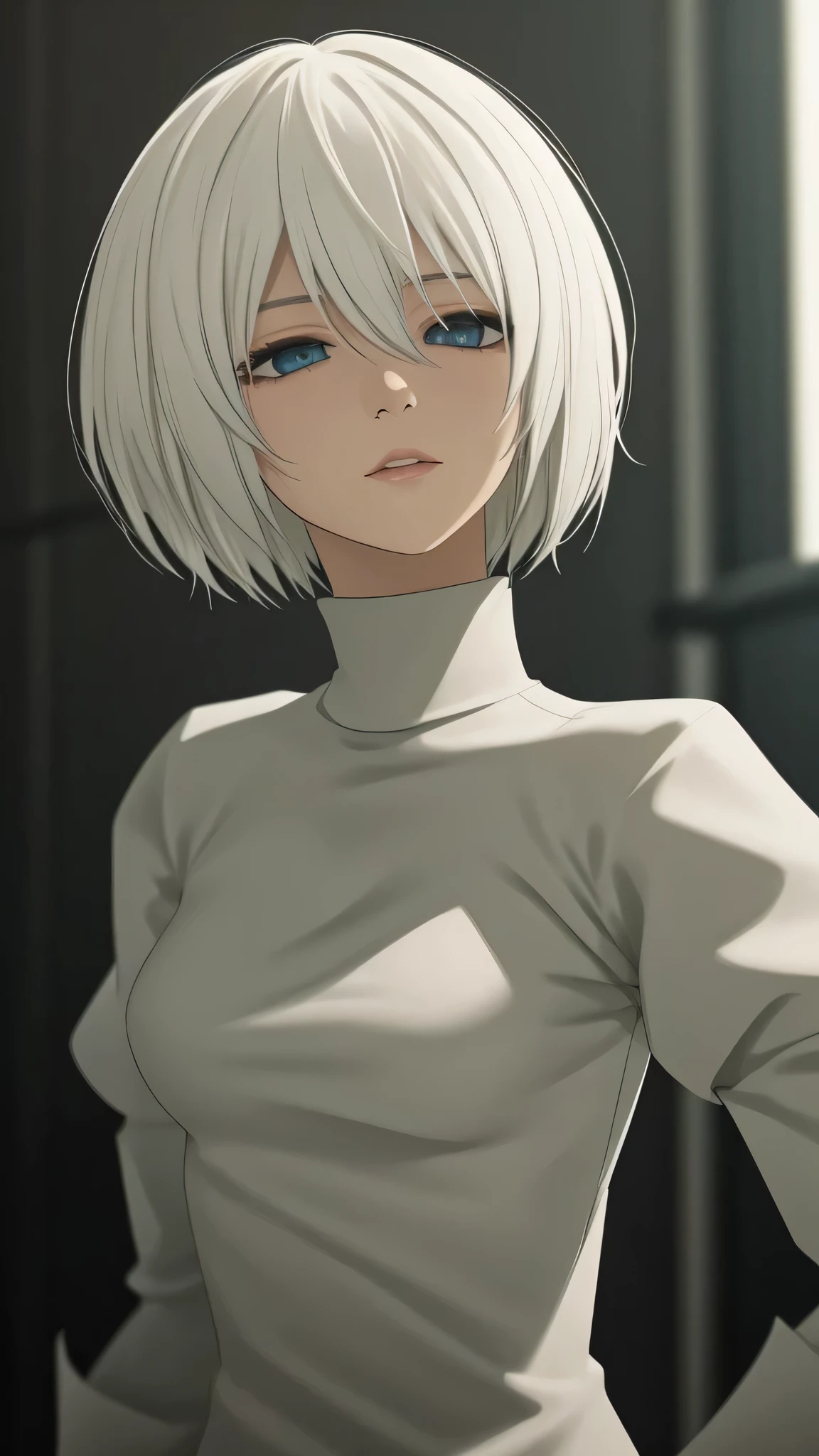 extremely detailed CG unity 8k wallpaper), (masterpiece), (best quality), (ultra-detailed), (best illustration), (best shadow), (absurdres) ,(detailed eyes), 2b, 1girl, short hair, white hair, solo, Intimidating women, admiral uniform, night, hero pose, white clothes, General Uniform, Military Uniform, Sunlight, exposed to sunlight,commander, fighting pose, wearing cape