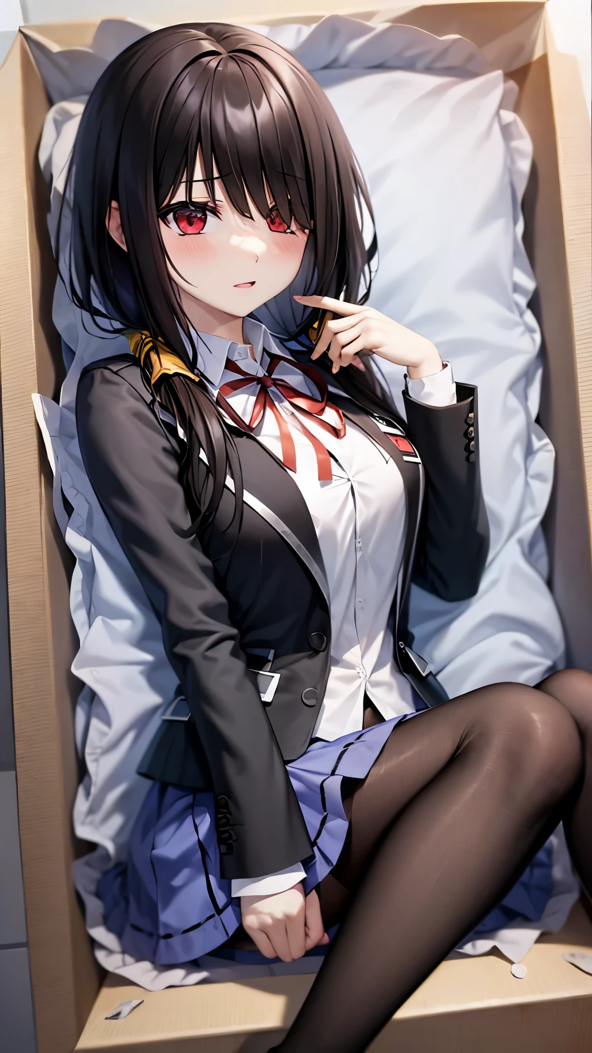 KurumiSchool, low twintails, hair over one eye, , black jacket, blue skirt, neck ribbon, black pantyhose, in_box, nsidebox, boxrelaxed, in box, in container, inside cardboard box, box with packing peanuts