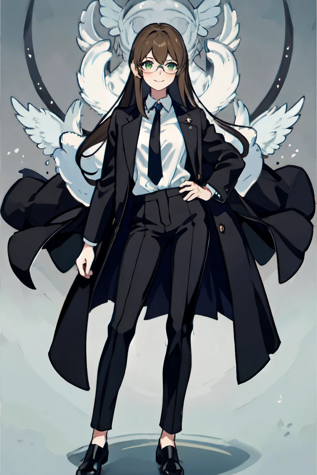 8K デリケートパーフェクトリアル 2D whole body写真、through background、To the tips of the shoes、black suit jacket、white shirt、tie、Black pantsuit、whole body、serious、bare hands、young woman 、Slender、brown hair、long hair、With parting、green eyes、Glasses、 delicate face, smile