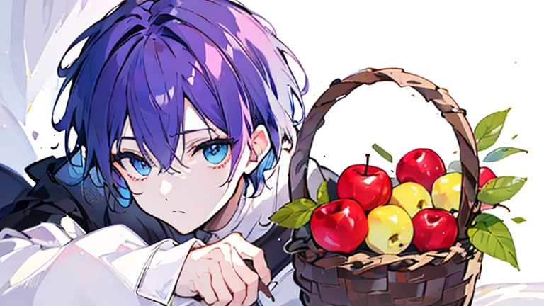 ((highest quality)), ((masterpiece)), ((1 person)),perfect face、male、purple hair color、light blue eyes、very short hair、vocal、pale colour、whole body、Simple white clotheany red apples in a basket、on a luxurious bed