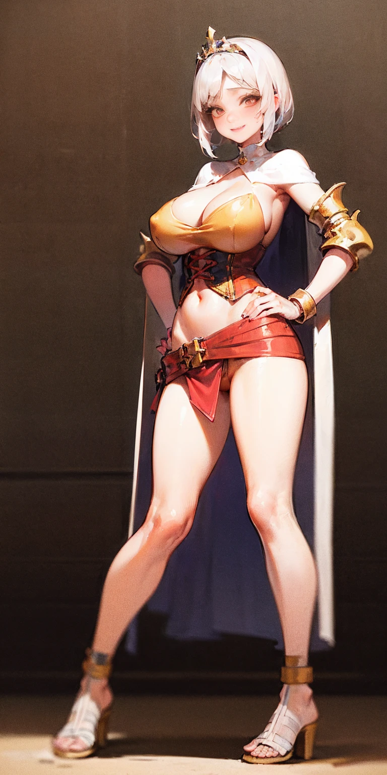 ((BLACK BACKGROUND,1:2, masterpiece)), full body MILF BIMBO standing with two long thighs and two high heels, red eyes, silver white hair, short bob style hair, big breasts, cleavage, separate sleeves, tiara royal, long cape up to two feet, yellow bikini, hands on waist, navel, lustful smirking smiling, smile face (red blushed, red cheeks), metal shoulders, gold sleeveless armbands, black leather choker slave collar, shackle bracelets, sex slave red crest, full body MILF BIMBO standing with two long thighs and two metal sandals, red eyes, silver white hair, short bob style hair, big breasts, cleavage, separate sleeves, tiara royal, long cape up to two feet, yellow bikini, hands on waist, navel, lustful smirking smiling, smile face (red blushed, red cheeks), metal shoulders, gold sleeveless armbands, black leather choker slave collar, shackle bracelets, sex slave red crest, pauldrons, breastplate, corset, eye focus, full body, whole body. 1solo . slave fighter, loincloth standing, hands on hips, metal sandals, backpack, choker, big belt, view from below, feet together, bracers, tiara)