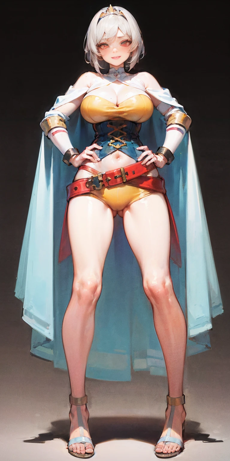 ((BLACK BACKGROUND,1:2, masterpiece)), full body MILF BIMBO standing with two long thighs and two high heels, red eyes, silver white hair, short bob style hair, big breasts, cleavage, separate sleeves, tiara royal, long cape up to two feet, yellow bikini, hands on waist, navel, lustful smirking smiling, smile face (red blushed, red cheeks), metal shoulders, gold sleeveless armbands, black leather choker slave collar, shackle bracelets, sex slave red crest, full body MILF BIMBO standing with two long thighs and two metal sandals, red eyes, silver white hair, short bob style hair, big breasts, cleavage, separate sleeves, tiara royal, long cape up to two feet, yellow bikini, hands on waist, navel, lustful smirking smiling, smile face (red blushed, red cheeks), metal shoulders, gold sleeveless armbands, black leather choker slave collar, shackle bracelets, sex slave red crest, pauldrons, breastplate, corset, eye focus, full body, whole body. 1solo . slave fighter, loincloth standing, hands on hips, metal sandals, backpack, choker, big belt, view from below, feet together, bracers, tiara)