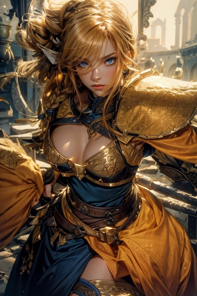 AstridWaifu, (long hair, blonde, blue eyes, braid:1.2), (armor:1), 1girl, 22yo, (Ginger hair bangs bob braid:1.1),(hazel eyes:1), earring, look at viewer, close up, tilt head sideway, (mascara, eyeliner, Natural makeup look, Wide-set eyes:0.6), peach skin color, skin pores, (Top quality, masterpiece,best quality, 8k wallpaper, hyper-realistic, ultra details:1.3), Detailed face and eyes, (bright colors), (perfect lighting, cinematic light, bloom:1.1),(light on face:1.33), sunlight in the window, (sharp focus, depth of field, bokeh:1.2),(dynamic angle:1.6), Bed Couch, Sheepskin Rug, (beautiful +detailed+intricate scenery:1), golden hour, silhouetted shadow, evening light, soft focus, flower vase, nice hands, perfect hands, BetterFeet, (fcDetailPortrait:0.6),