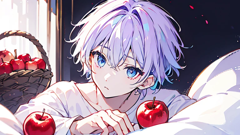 ((highest quality)), ((masterpiece)), ((1 person)),perfect face、male、purple hair color、light blue eyes、very short hair、vocal、pale colour、whole body、Simple white clothes、Red apples in a basket、on a luxurious bed