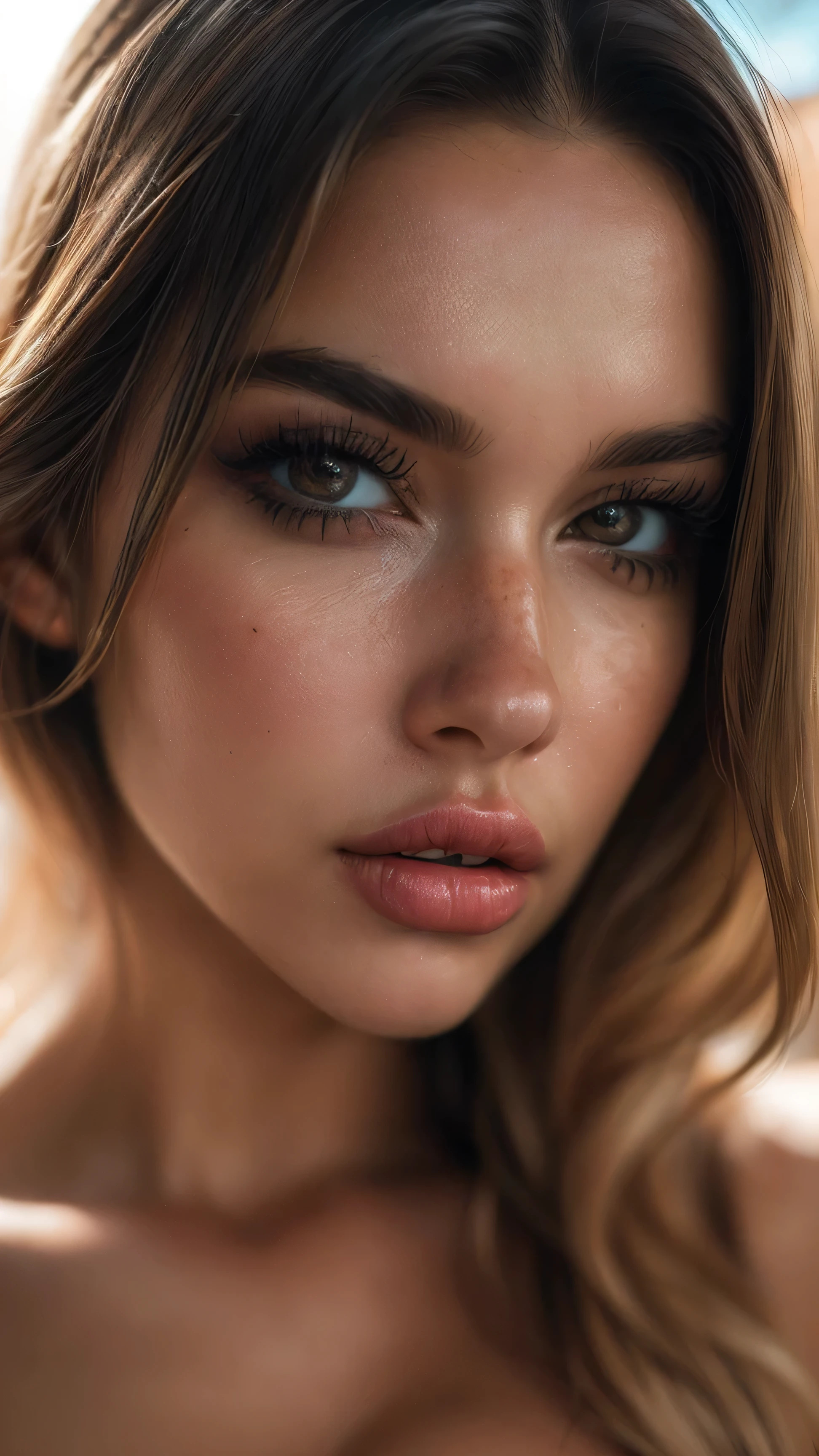 (((Ultra-realistic))), (artistic realization), (ultra-detailed face and eyes: 1.4), 1 girl, (blonde) , (naked) , (hair covers face), Detailed eyes, (large detailed lips) , makeup, (Natural breasts). ((,  face close up, close to the camera)), pink atmosphere frame, (ultra detailed)