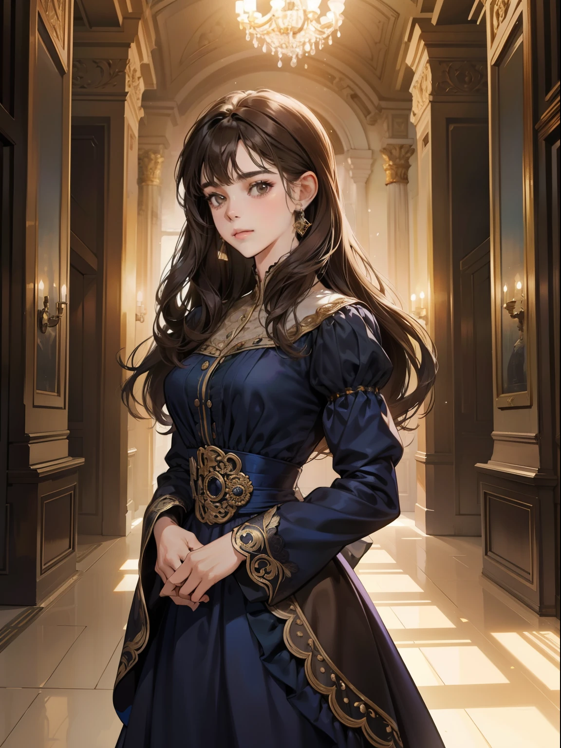 portrait of beautiful woman, in the palace, soft smile portrait, subtle features, intricate details, calm composition, tension, less contrast, texture, realism, high-quality rendering, stunning art, high quality, film grain, Fujifilm XT3, detailed skin, ((long slight wavy dark brown hair)), ((brown eyes)), ((18 year old)), ((front bangs hair)), ((dark blue gown)), ((royal look)), slight make up, mature female, full body, detailed