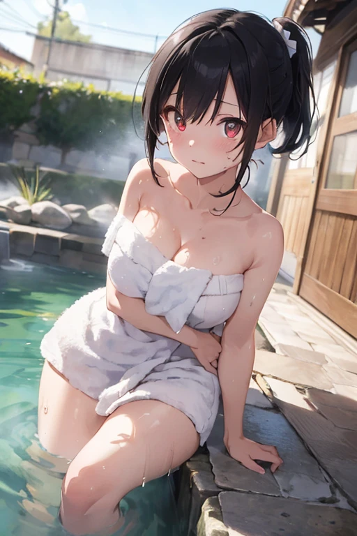 (master piece、highest quality、In 8K、32k、masterpiece、nffsw、超A high resolution、Impressionism、Photoreal:1.2)、cowboy shot、sharp focus、detailed face and eyes、beautiful face、blurred background、Blue sky、shiny skin、sharp pupils、realistic student、beautiful face、blurred background、18 year old beautiful girl、shiny skin、short hair、ponytail、Beautiful black hair、red eyes、(bath towel、full nude:1.3)、(hot spring、bathing:1.2)、thighs thighs thighs、curve、dynamic pose、powerful configuration、Let's do sport bag、troubled face、I need to hurry、Watery eye、sweating