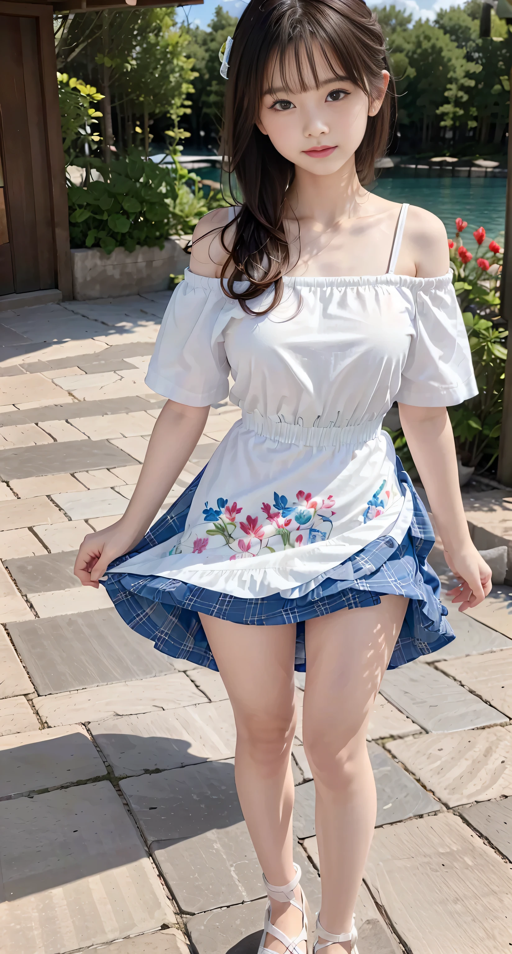 masterpiece、Highest image quality、(panoramic view:1.3)、((Full body shot:1.6))、with a girl：her hair is black and short、14 years、laughter、Her face is round and cute。(((White and blue off-shoulder dress)))、Floral。white sandal shoes、There is a ribbon on the ankle。(strong wind:1.3)、(the skirt is rolled up:1.5)、(Hand holding down skirt)、scene：There is a beautiful scene floating in the background.、blue sky, White cloud, green meadow and colorful flowers。The scene is softly painted like a watercolor painting.、It&#39;s a fantastic atmosphere。The scene expresses the imagination and sensibility of the girl、Pubic hair shows completely naked pubic hair) ,more_become familiar with:1.5, (More and more_become familiar with:1.9)、Remote location