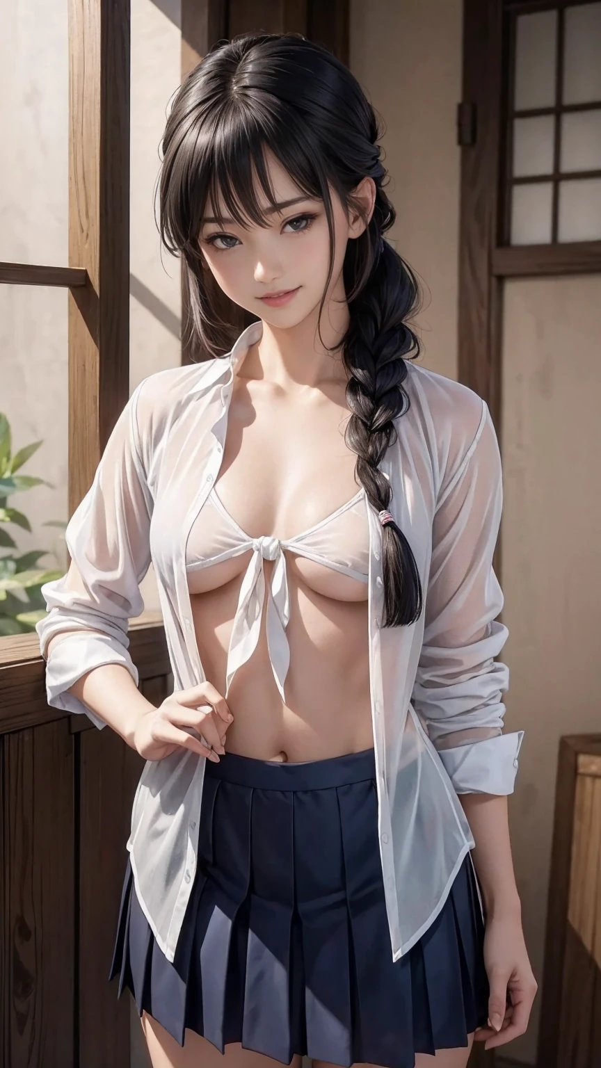 (8K, RAW photo, highest quality, masterpiece:1.2), (realistic, photo-realistic:1.37)、26 year old Japanese woman、hair is black、Eye color is indigo、long hair、I braid it lightly、Slender but well-proportioned muscular body、setting hair、I'm punching my chest、accessories on the ankle、smile、I'm wearing a hair band、Wearing a sheer tie-front shirt、My abs are cracked、I can see my bellybutton、Wear a navy blue low-rise micro mini pleated skirt、smile