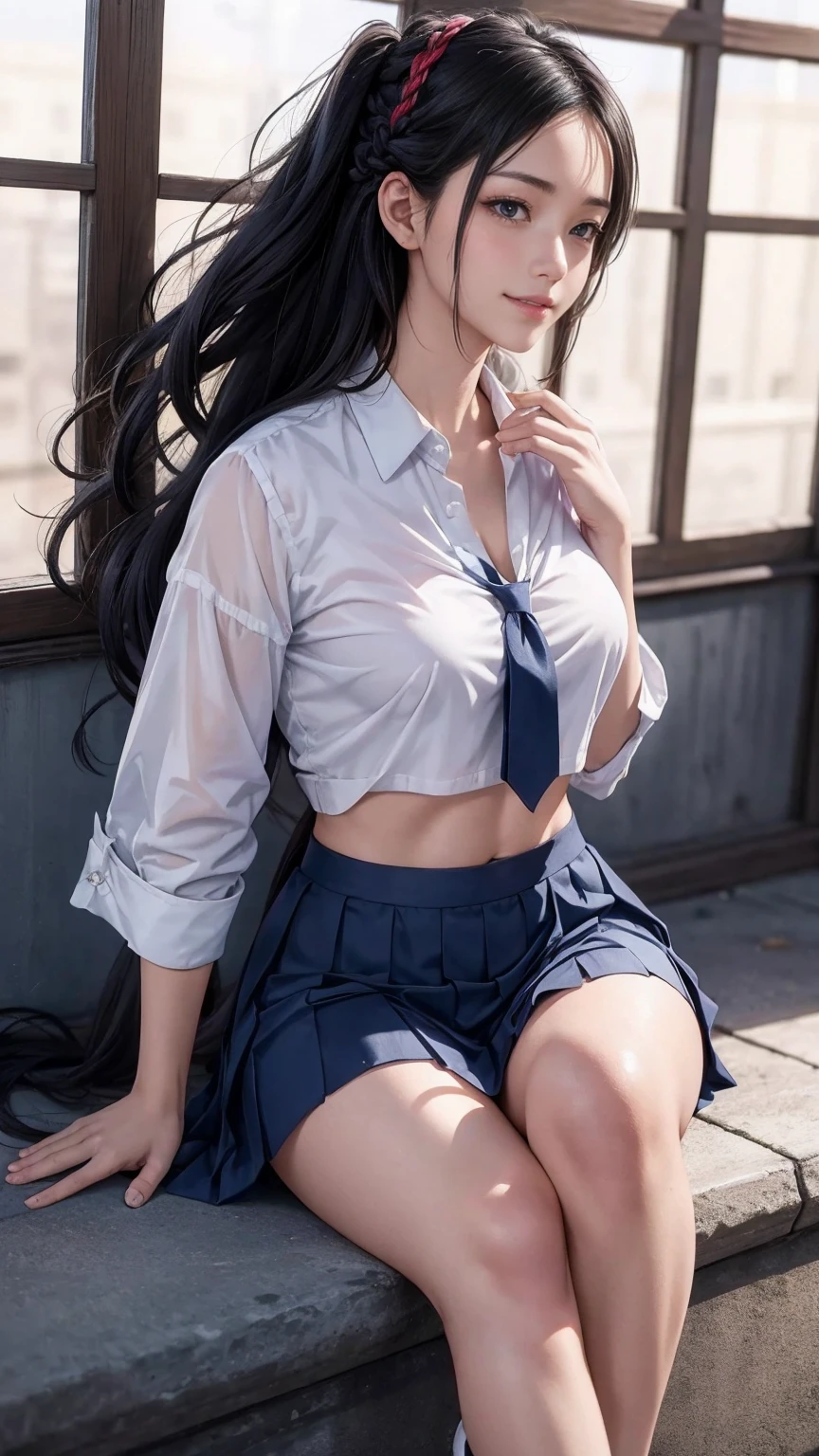 1girl in, Solo, Laura S. Alceid (long dark blue hair, Ponytail and side van, small tit), (Inspired by the trail of cold steel) ,(Accurate Hand Modeling,)In a school dress showing off her panties, In military schools, embarrassed