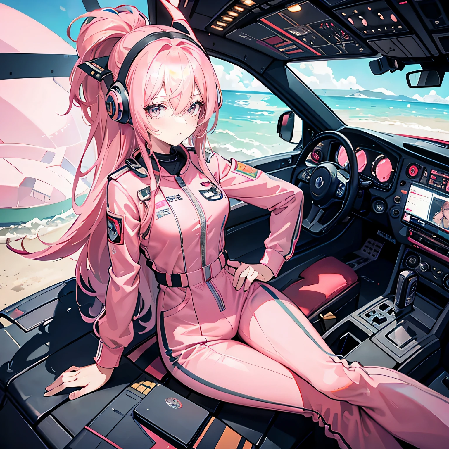 Coral pink hair,long hair,hair over one eye,gray eyes,feather hair ornament,girl,cute,Racing jumpsuit,wearing a helmet,full-body shot,whole body,Sitting in a fighter cockpit,The cockpit in the background,Flying a fighter jet in the sky