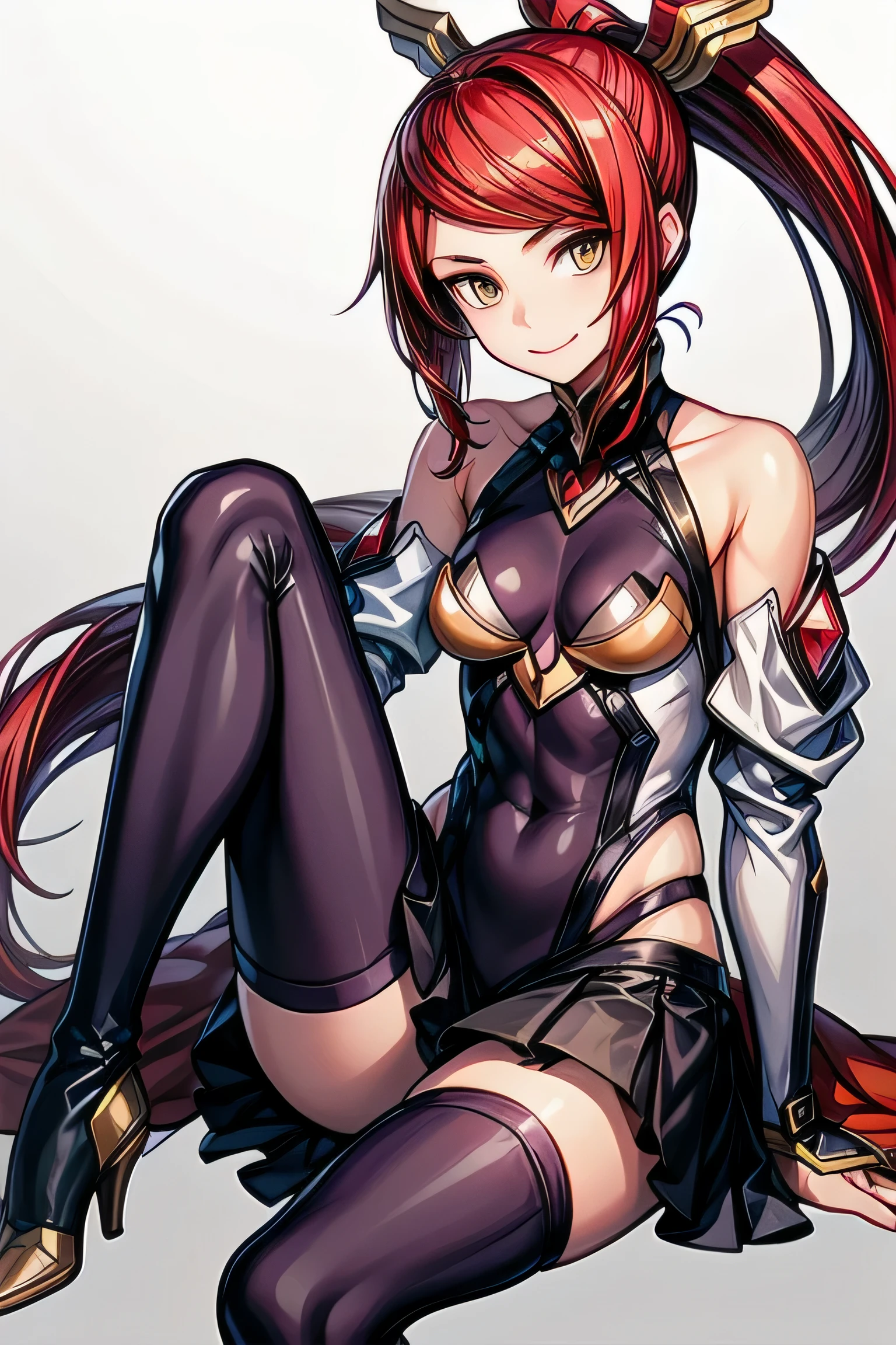 Izayoi (blazblue), orange eyes, red hair, ponytail, long hair, Small breasts, armor, bodysuit, boots, skin tight, skirt, thigh boots, thighhighs, 1girl, solo, facing viewer, looking at viewer, upper body, smile, Sitting, 